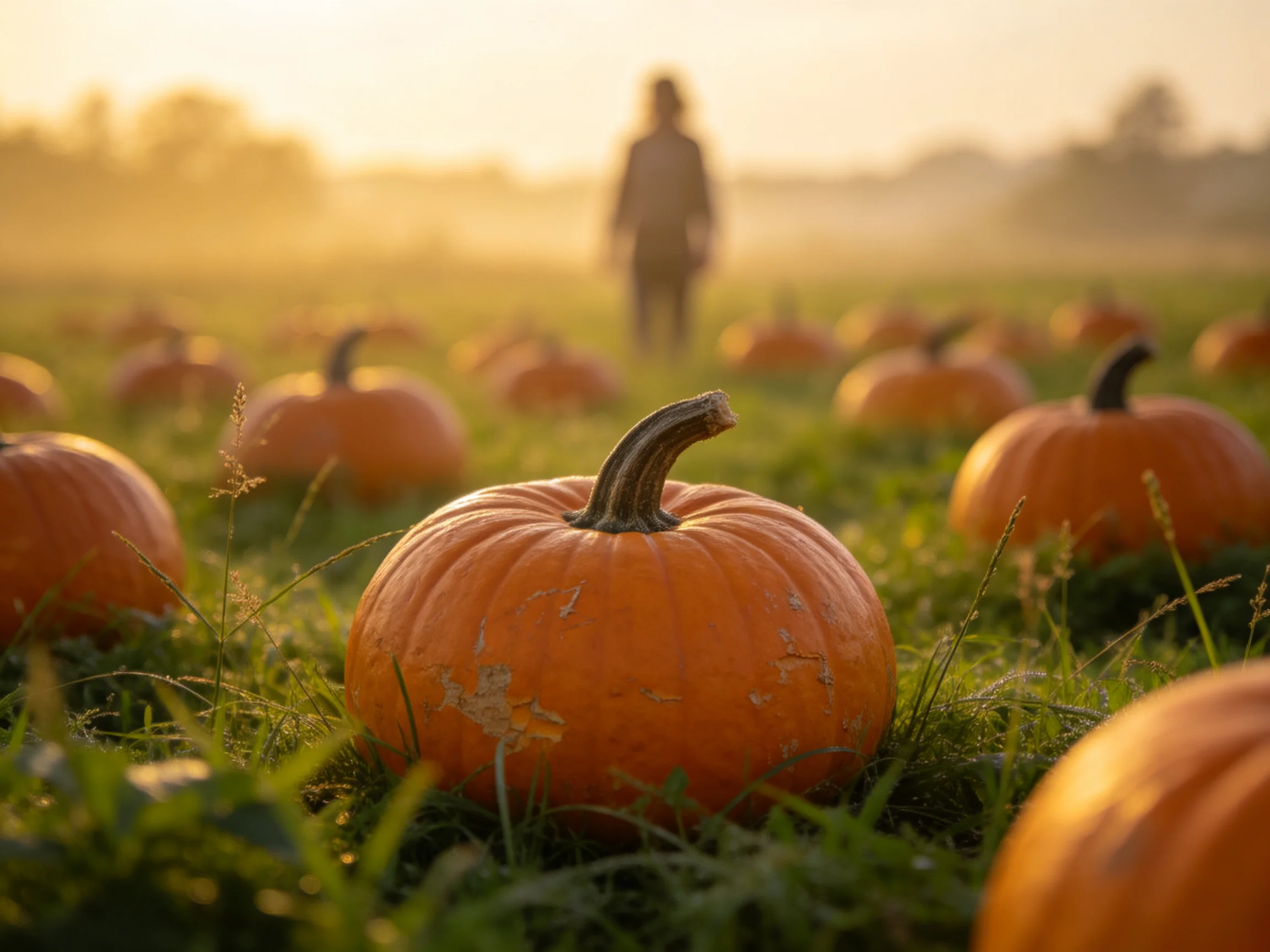 A field of numerous orange pumpkins under golden-hour sunlight with a distant figure