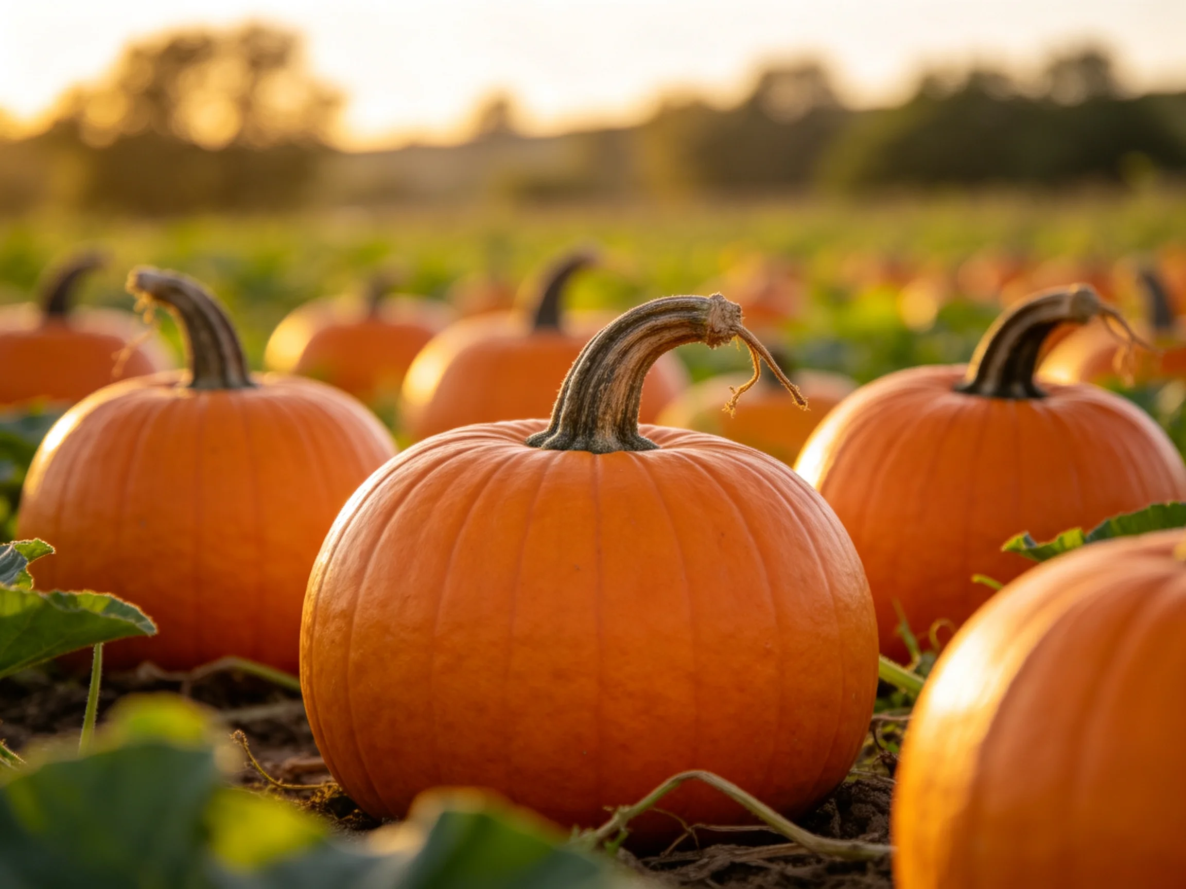 A field of vibrant orange pumpkins under golden sunlight