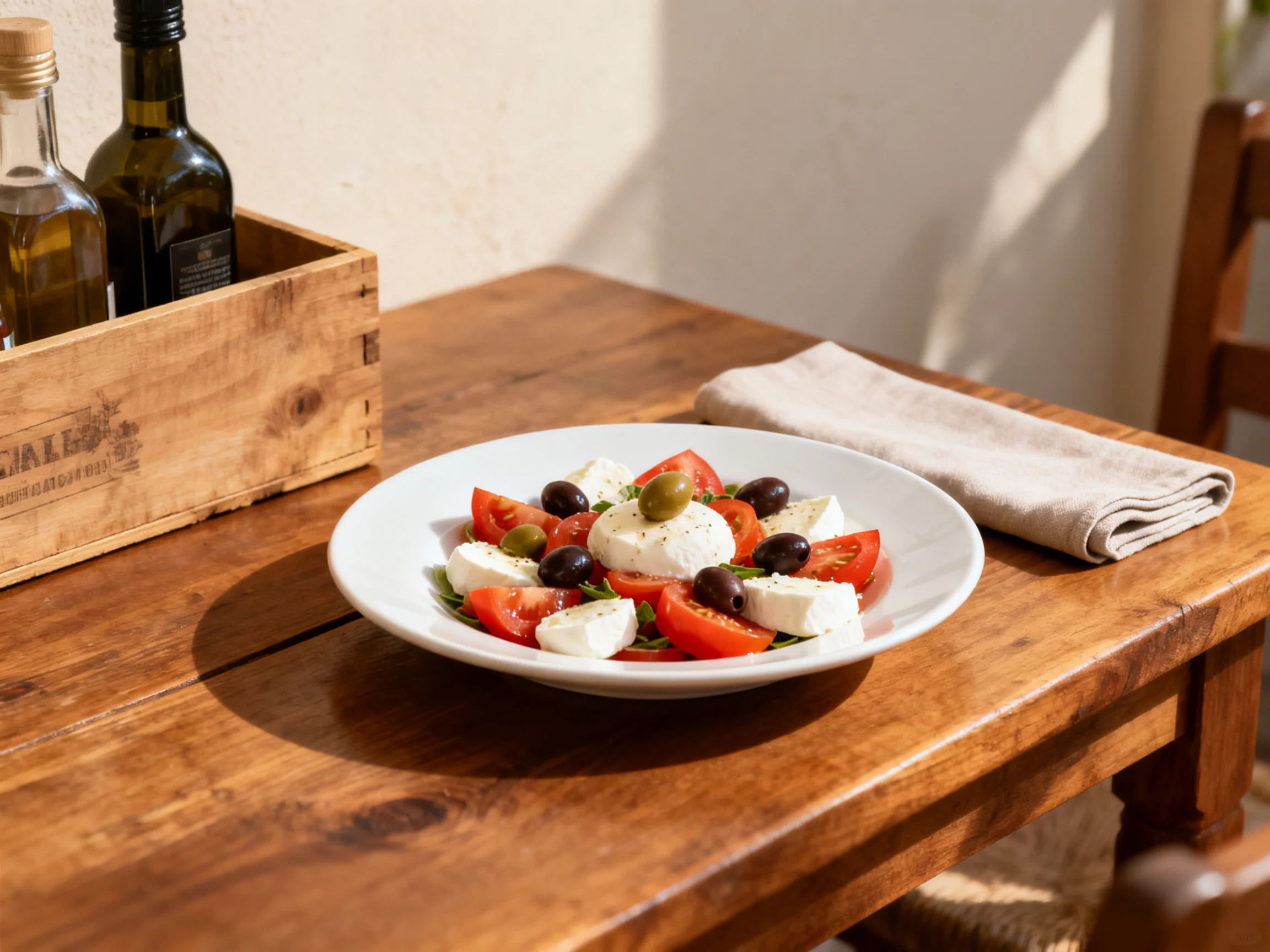 A fresh Mediterranean salad served on a rustic wooden table with olive oil bottles