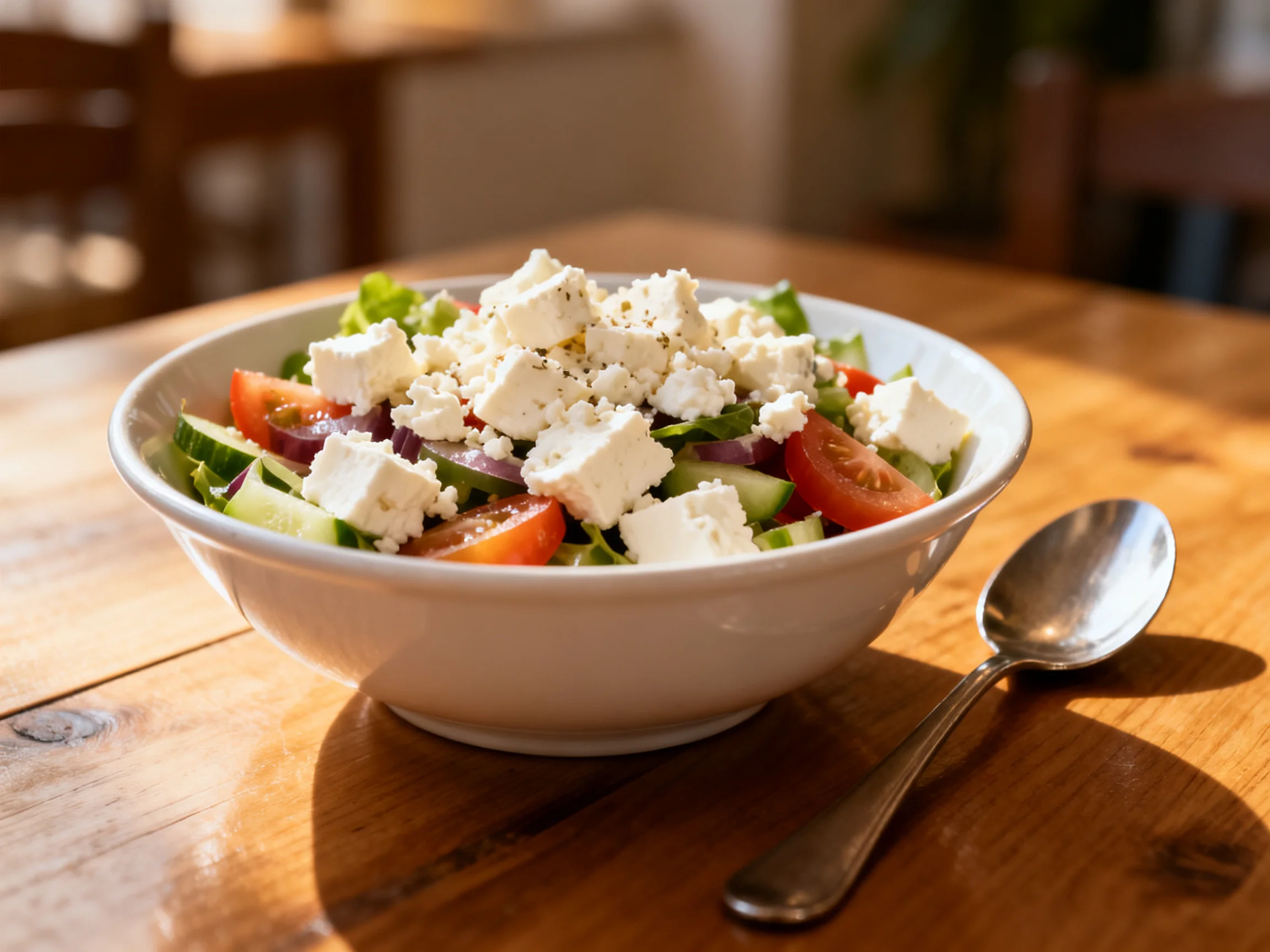 A fresh Mediterranean salad with feta cheese, tomatoes, and greens