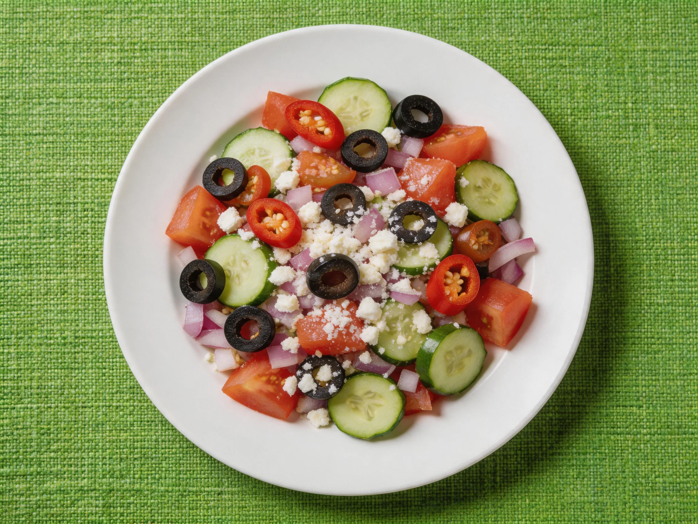 A fresh Mediterranean salad with tomatoes, cucumbers, black olives, red onions, and feta