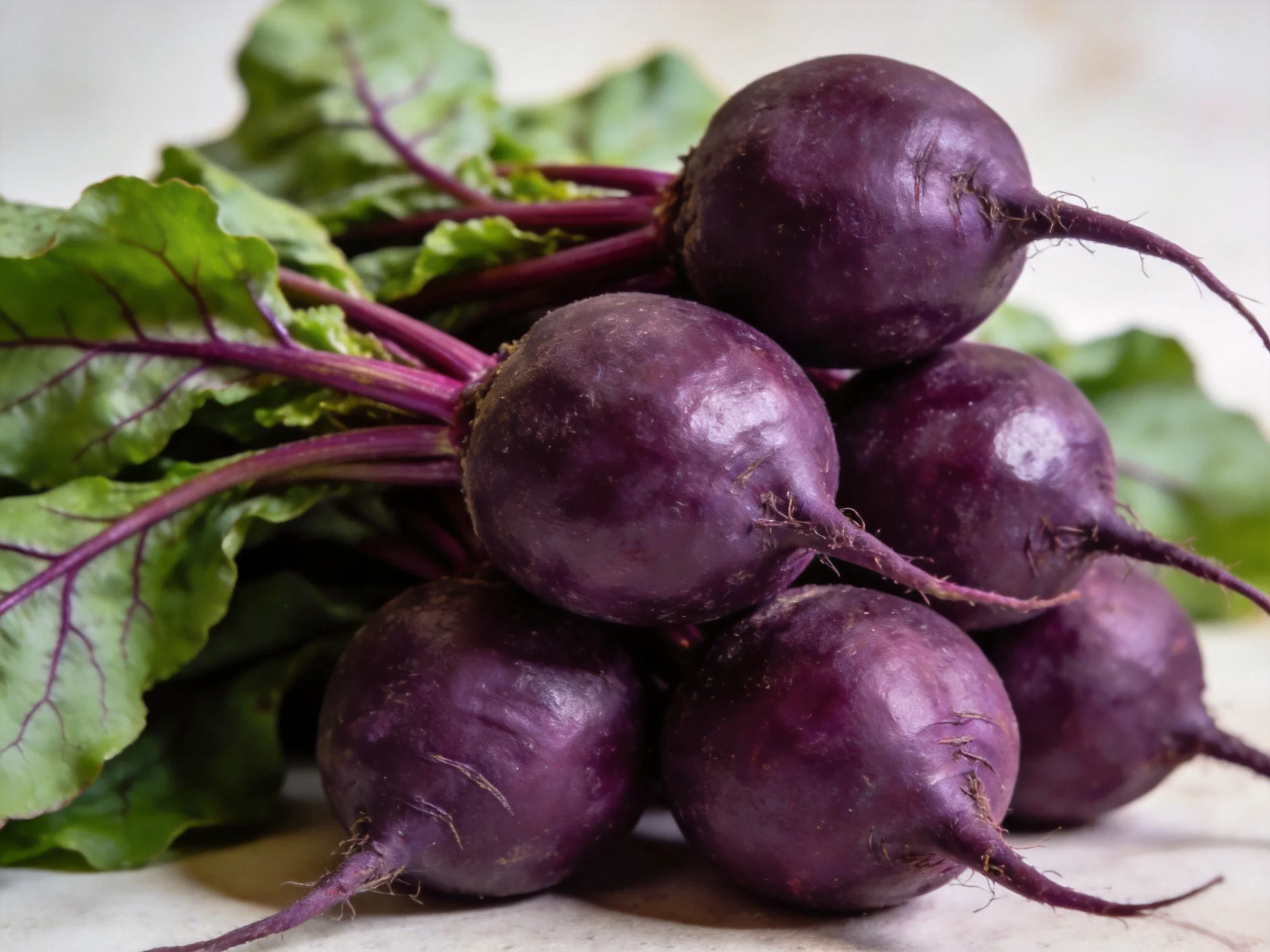 A fresh bunch of deep purple beetroots with leafy green stems