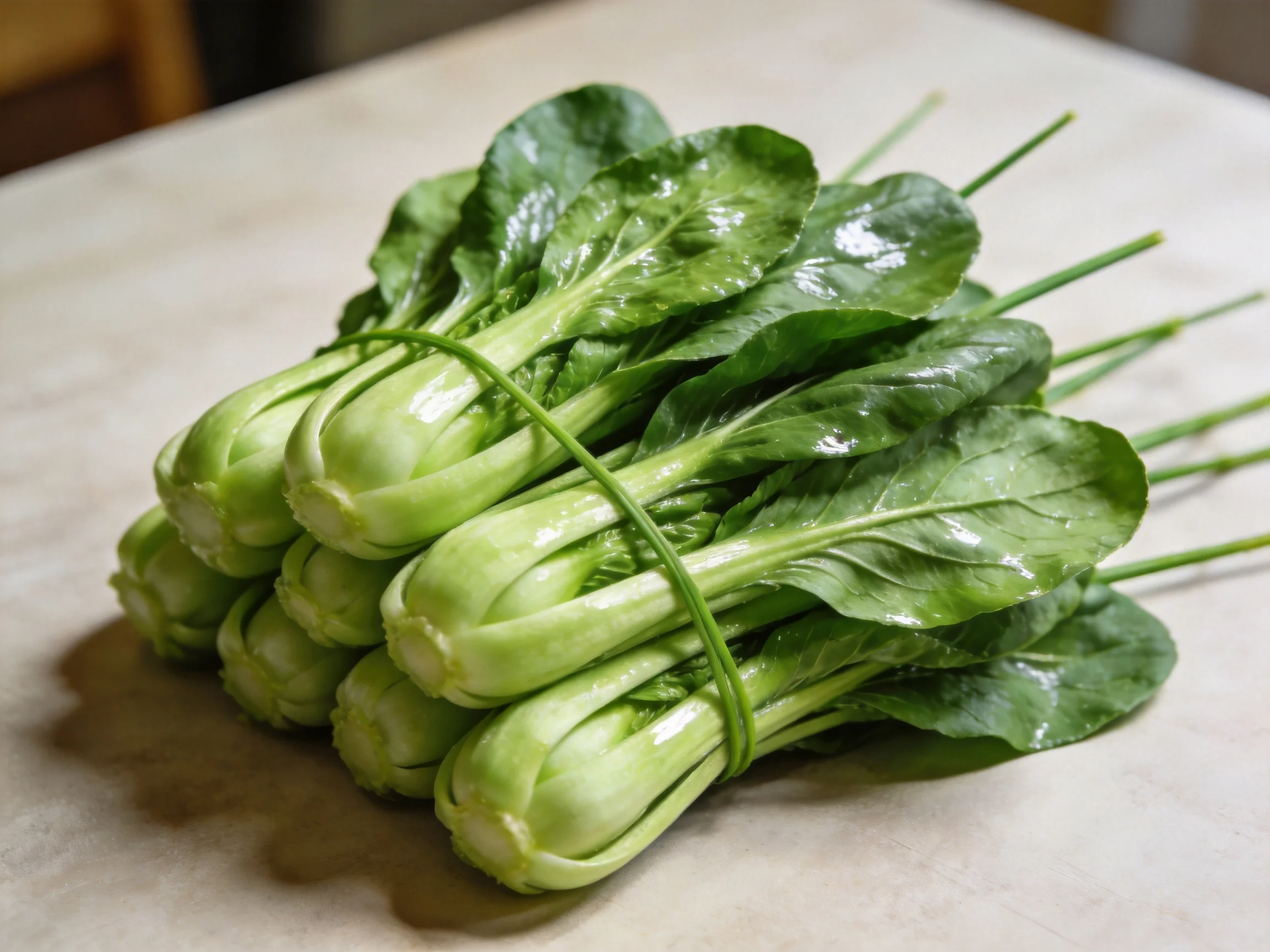 A fresh bundle of vibrant green bok choy on a smooth surface