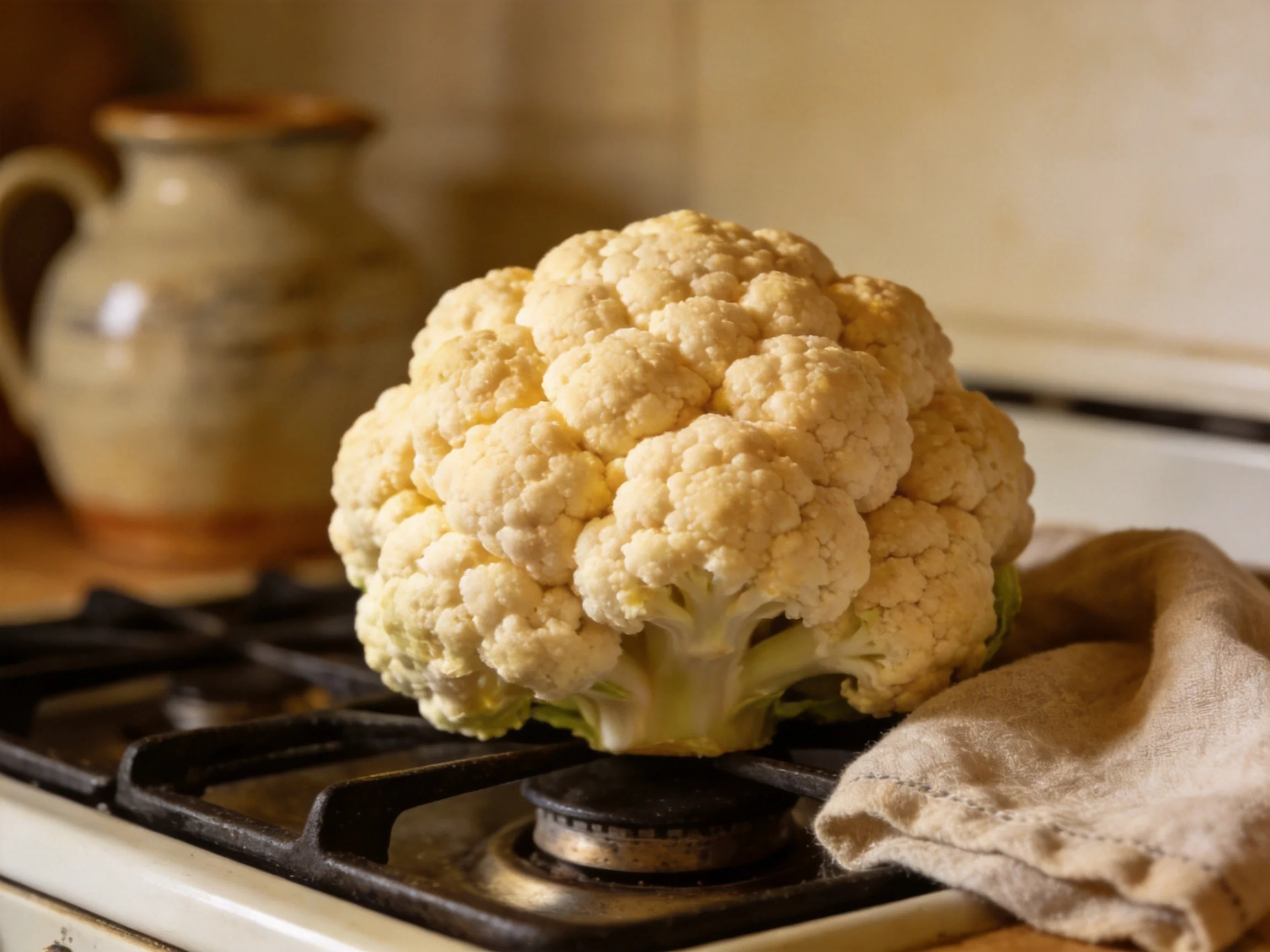 A fresh cauliflower rests on a vintage gas stove near cloth and pitcher