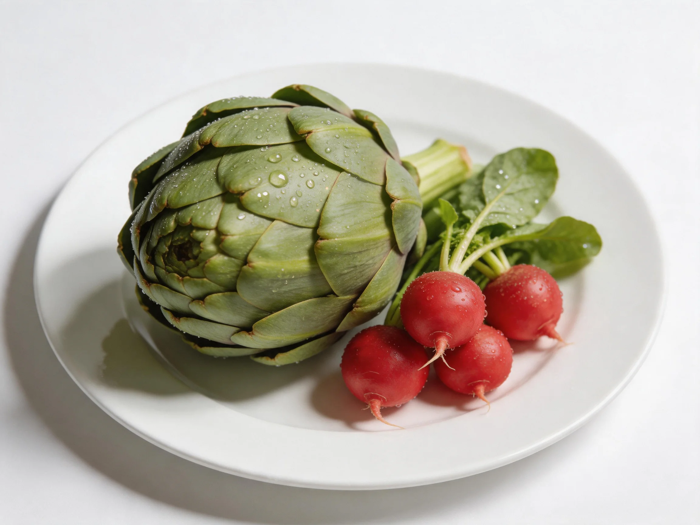 A fresh green artichoke and four red radishes on a white plate