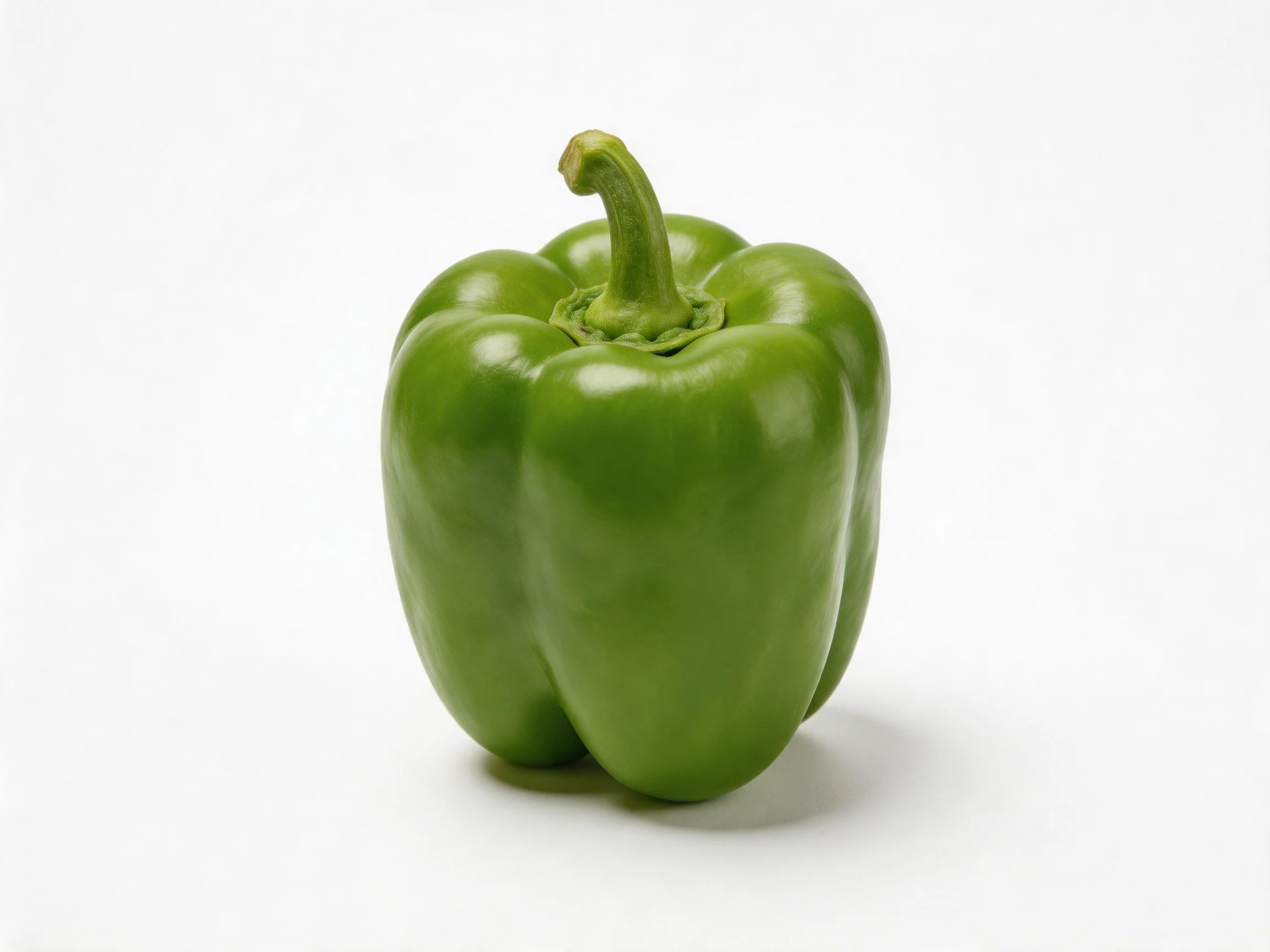 A fresh green bell pepper centered on a plain white surface