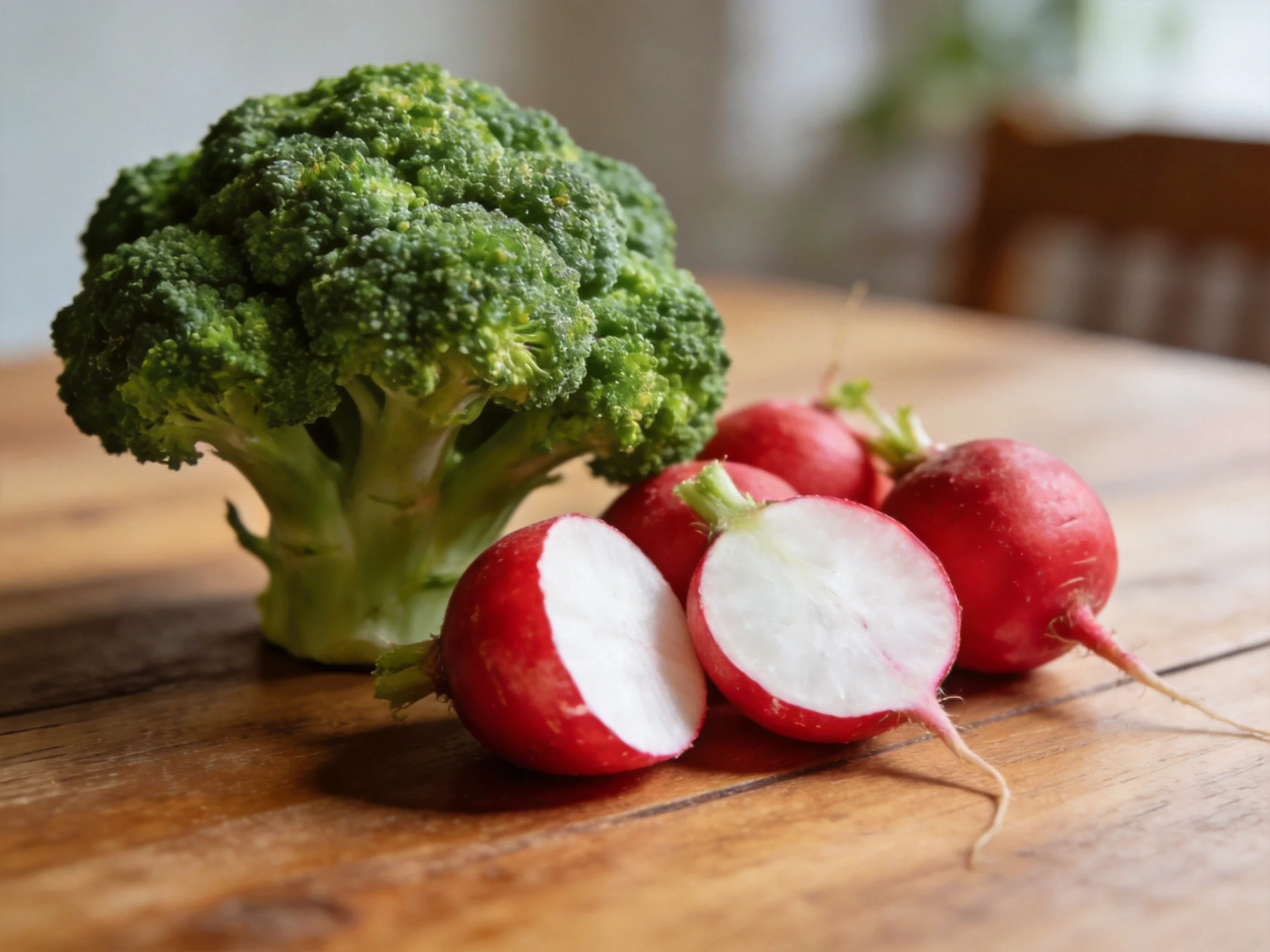 A fresh green broccoli alongside red radishes on a wooden table