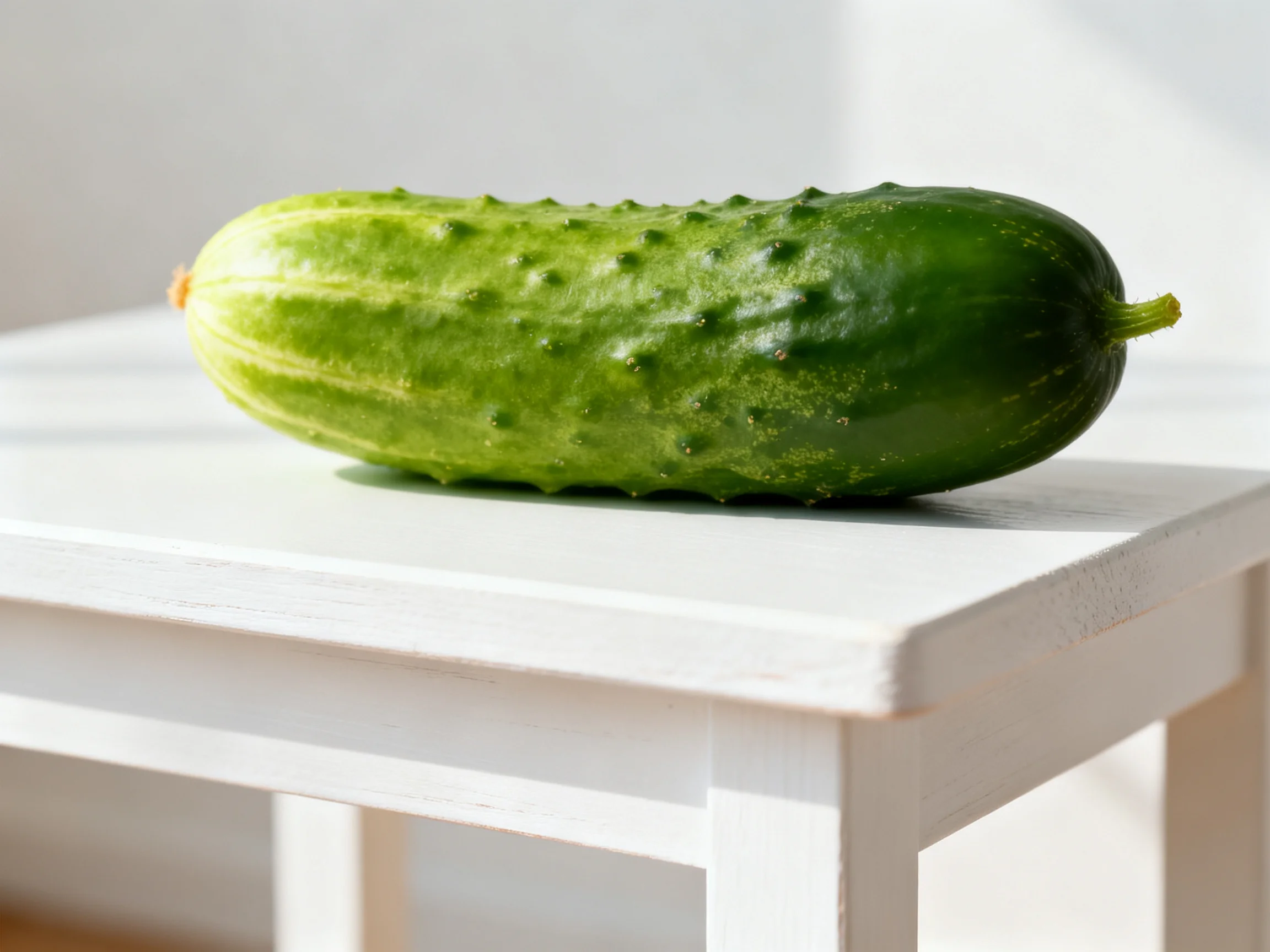 A fresh green cucumber resting on a small white wooden table
