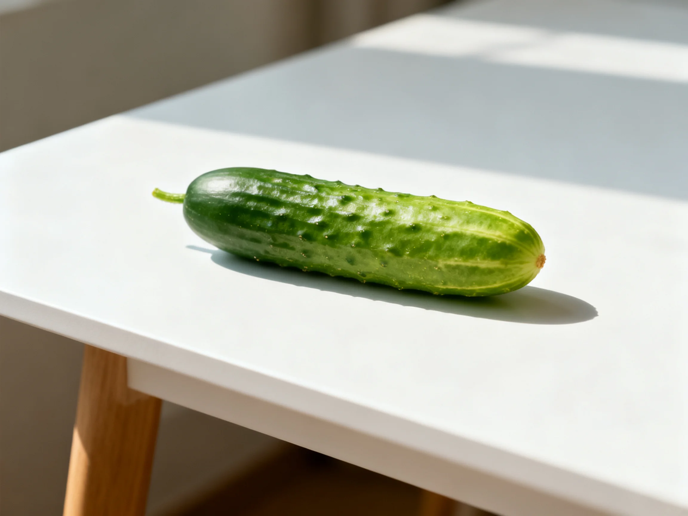 A fresh green cucumber rests on a minimalist white table