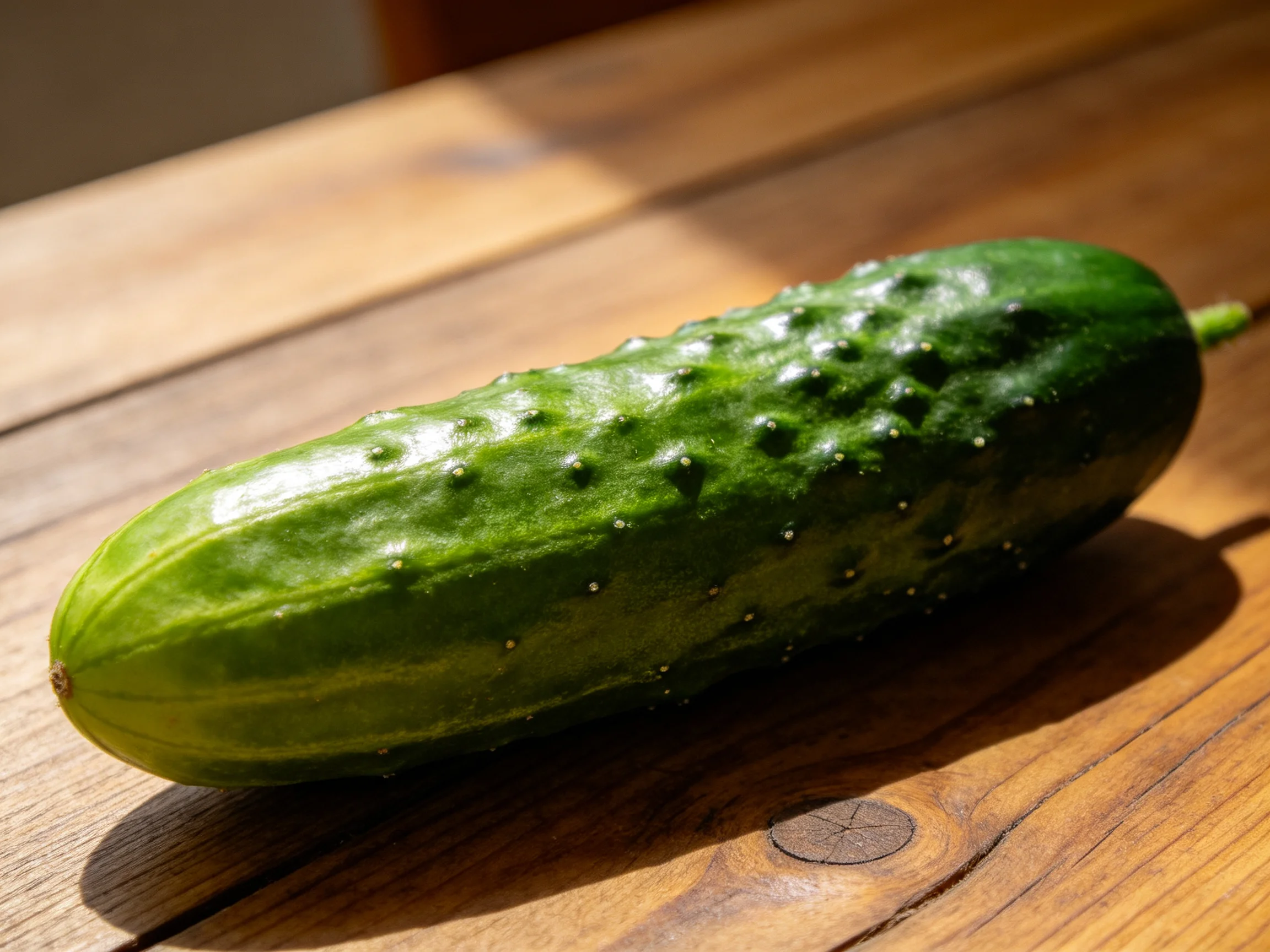 A fresh green cucumber rests on a wooden table