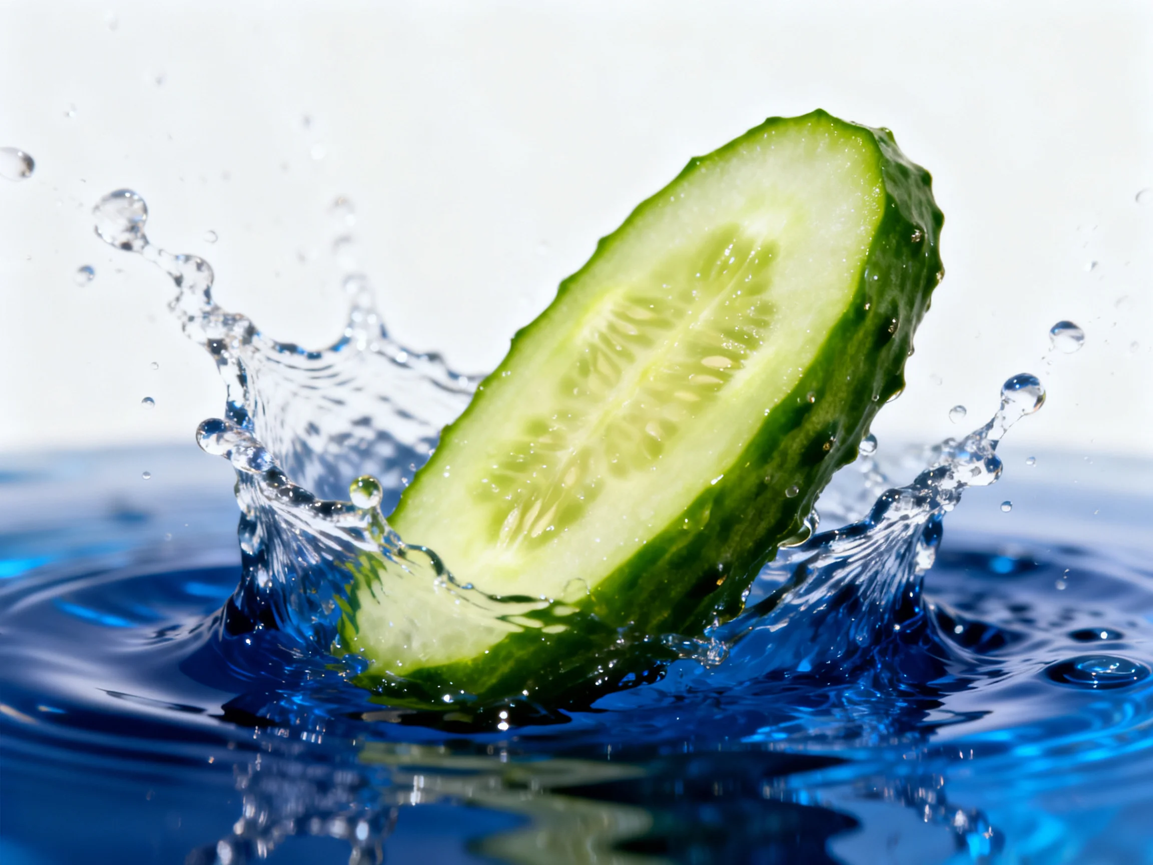 A fresh green cucumber slice splashing into dynamic blue water