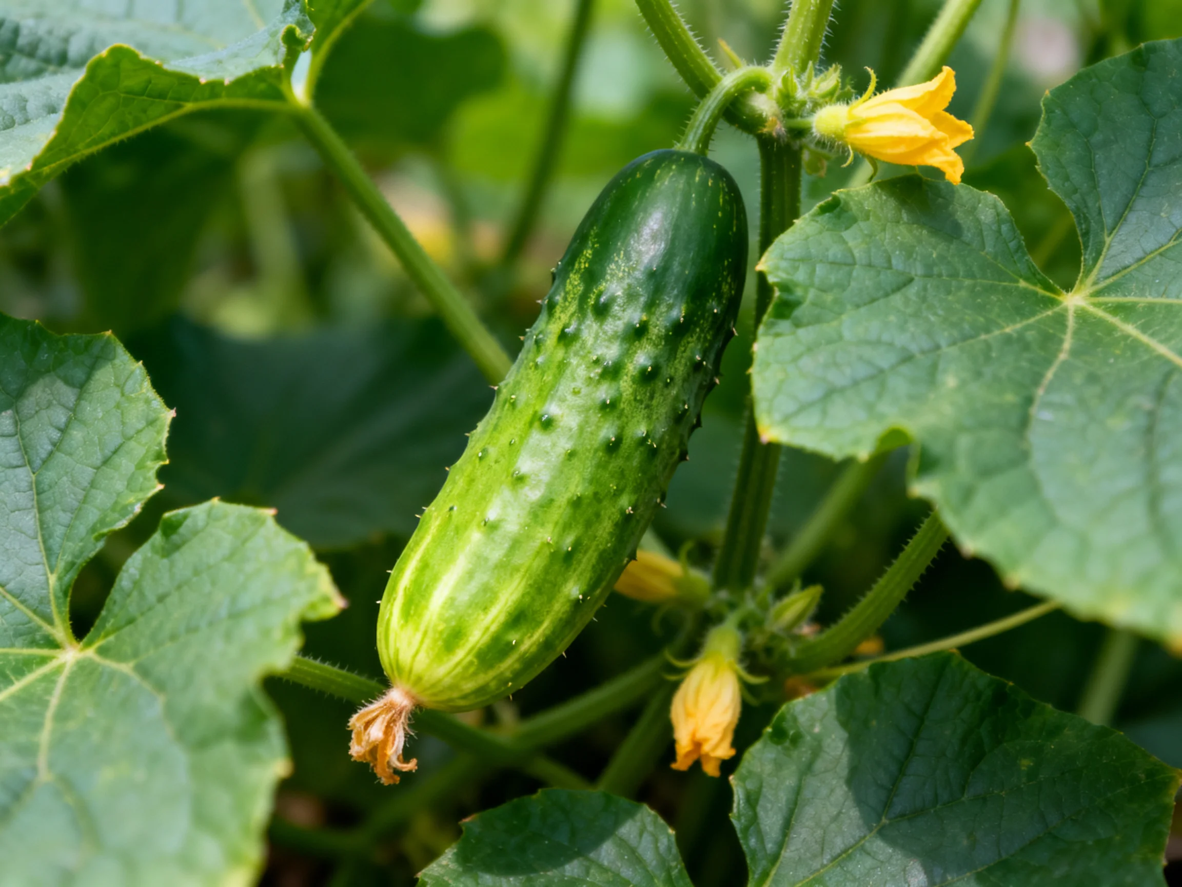A fresh green cucumber with yellow flowers and broad green leaves