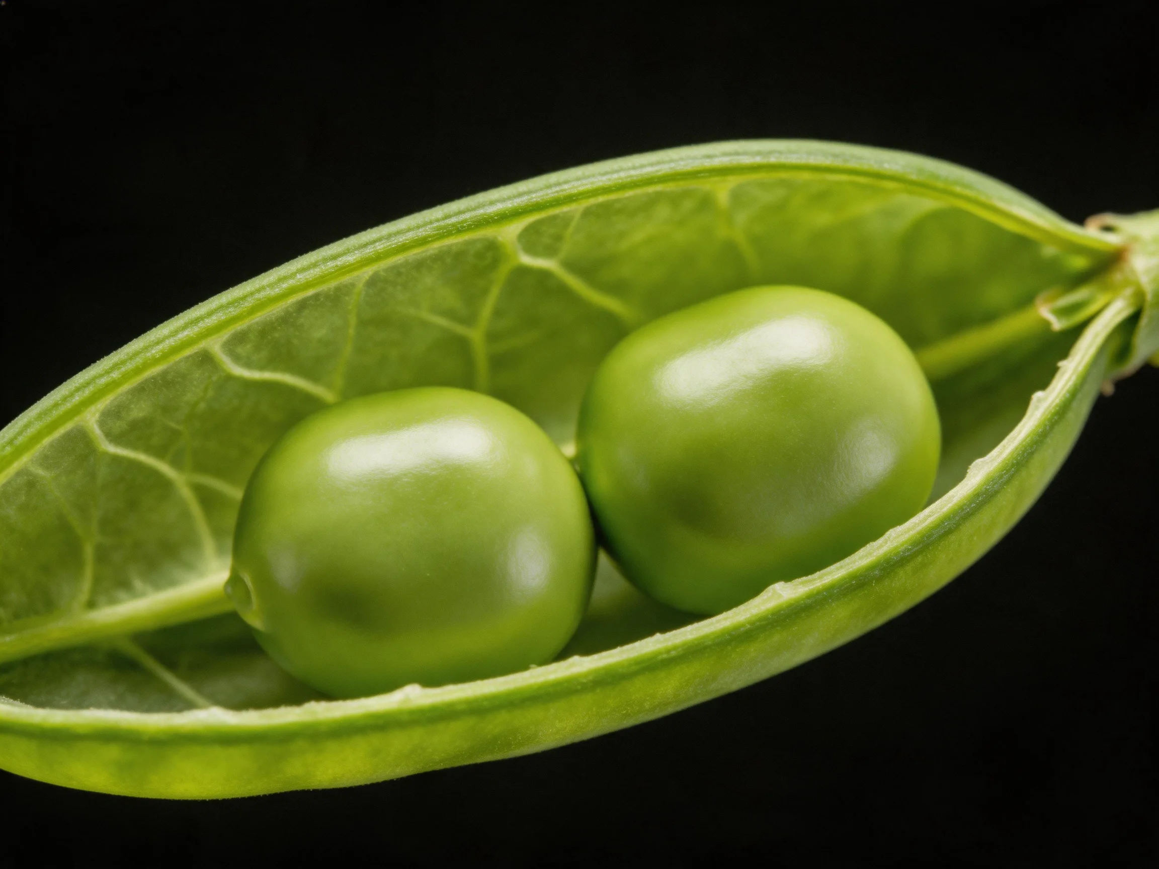 A fresh green pea pod holding two glossy peas