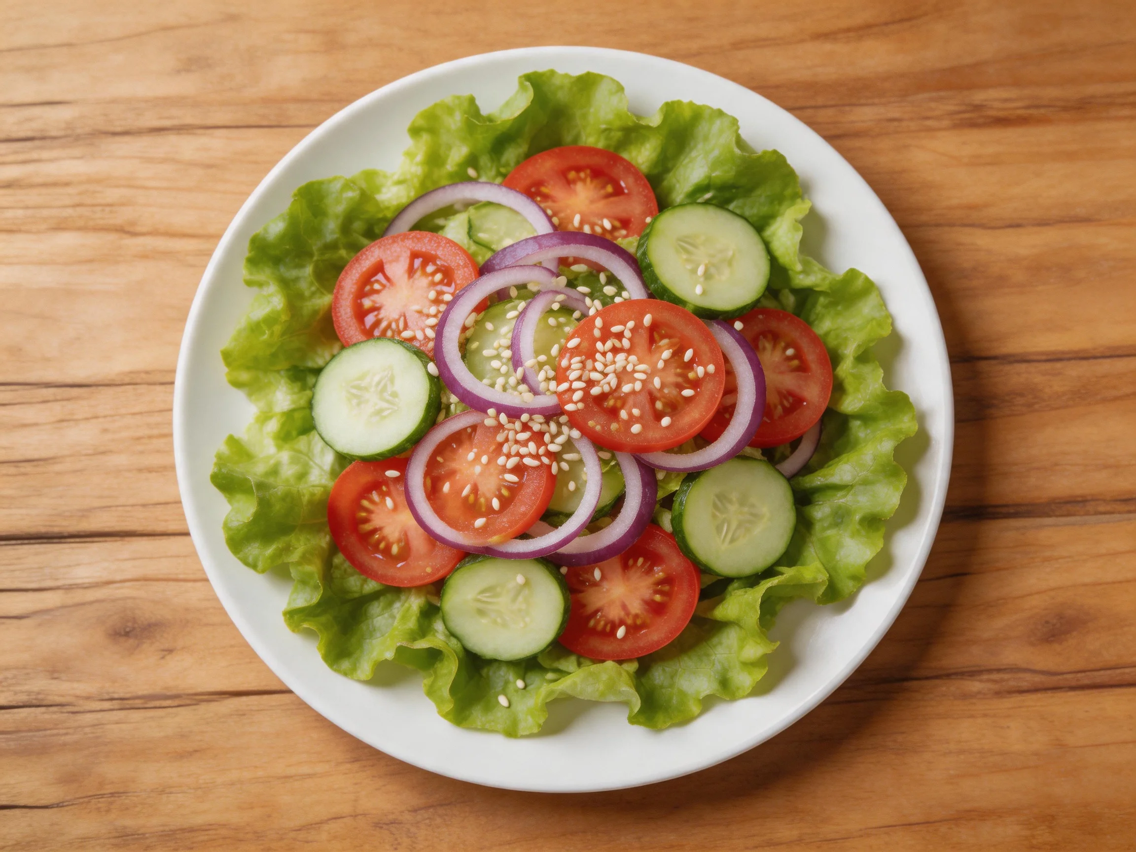 A fresh vegetable salad with tomatoes, cucumbers, red onions, sesame seeds, and lettuce