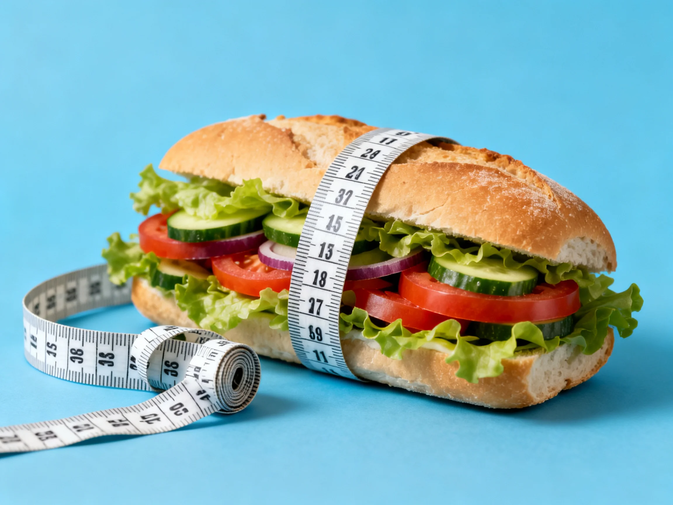 A fresh vegetable sandwich with veggies, measured by a white tape on bright blue