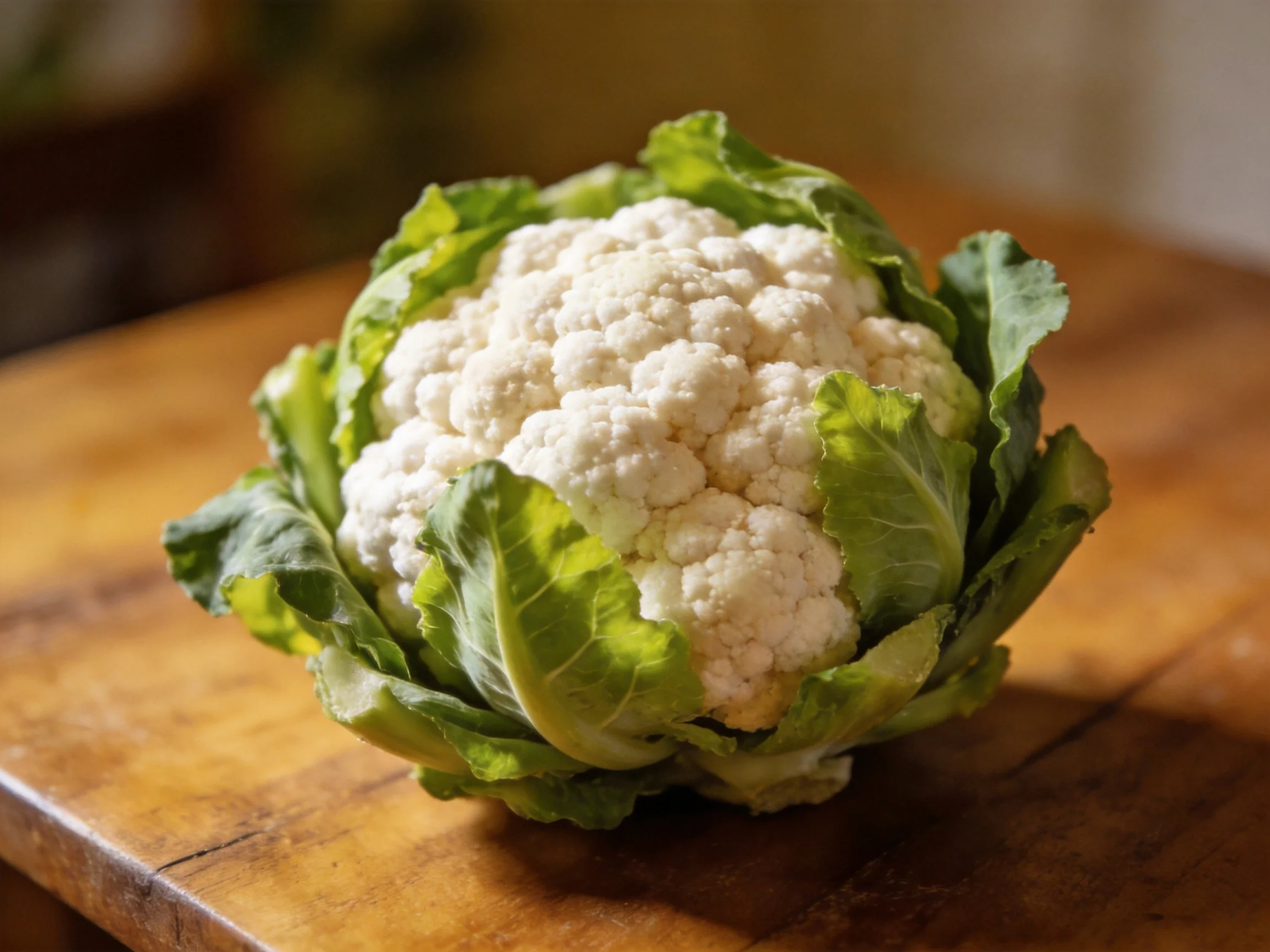 A fresh white cauliflower with green leaves on a wooden cutting board