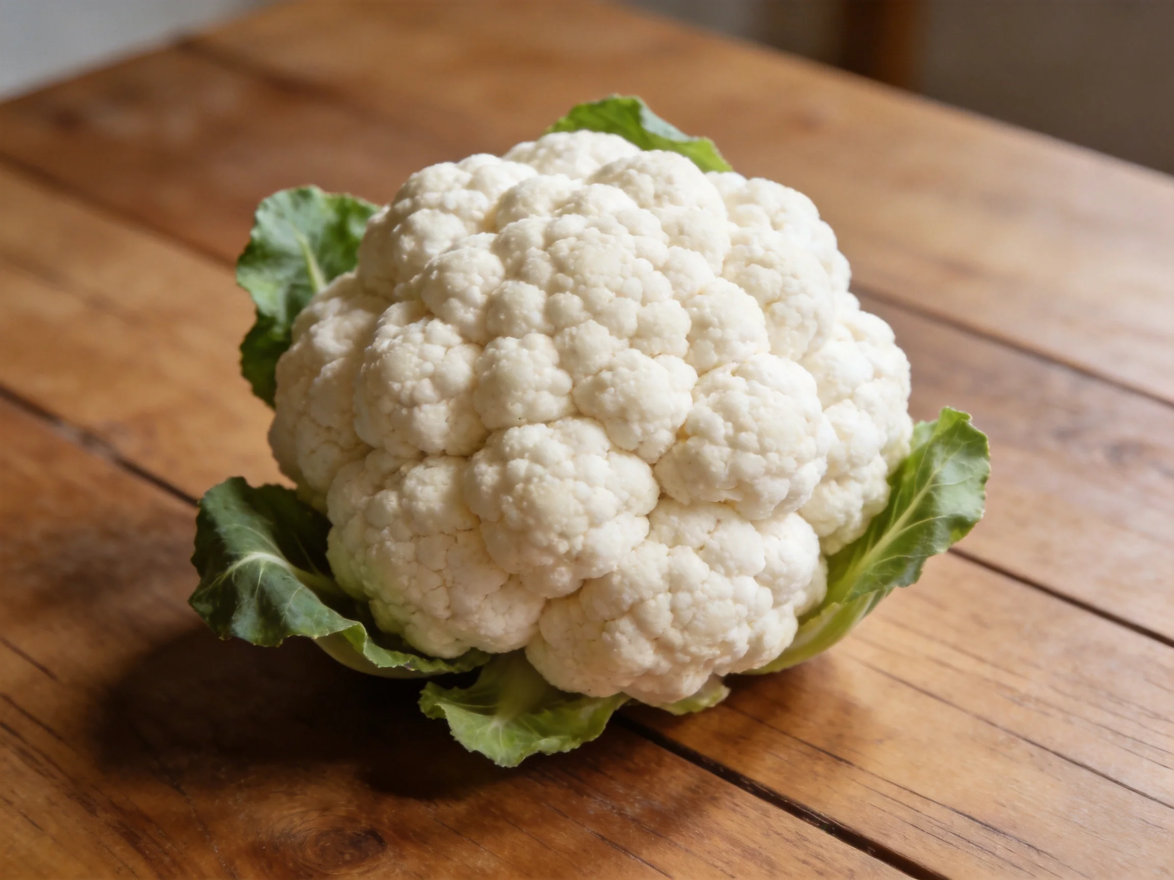 A fresh white cauliflower with green leaves on a wooden table