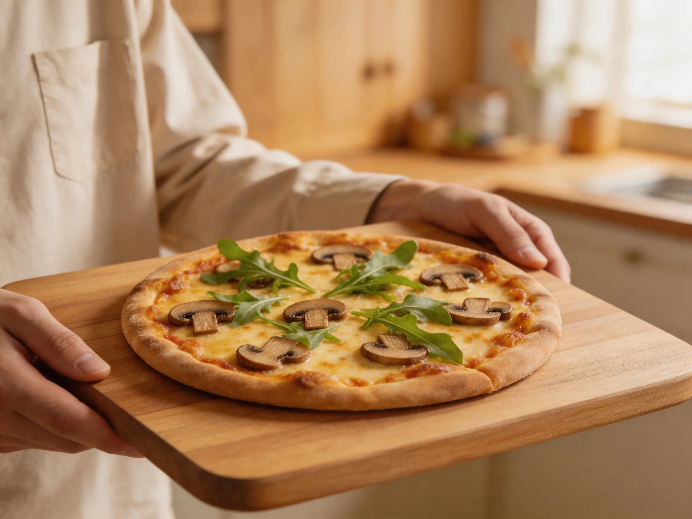 A freshly baked mushroom and arugula pizza on a wooden serving board
