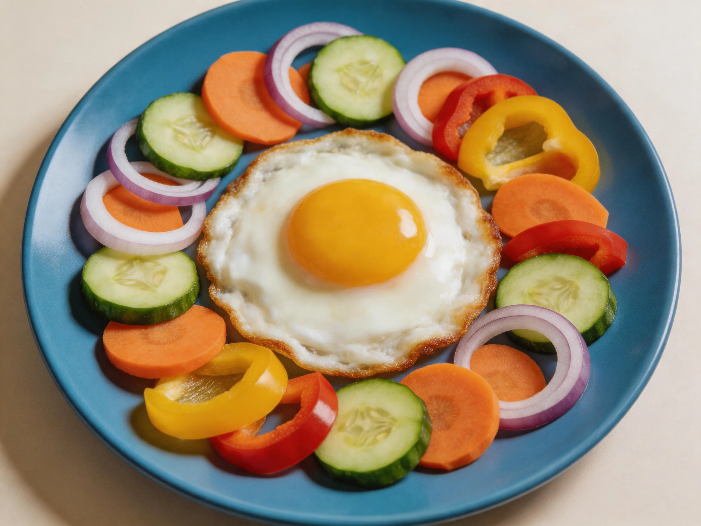 A fried egg surrounded by sliced cucumbers, carrots, red onions, and bell peppers on a blue plate
