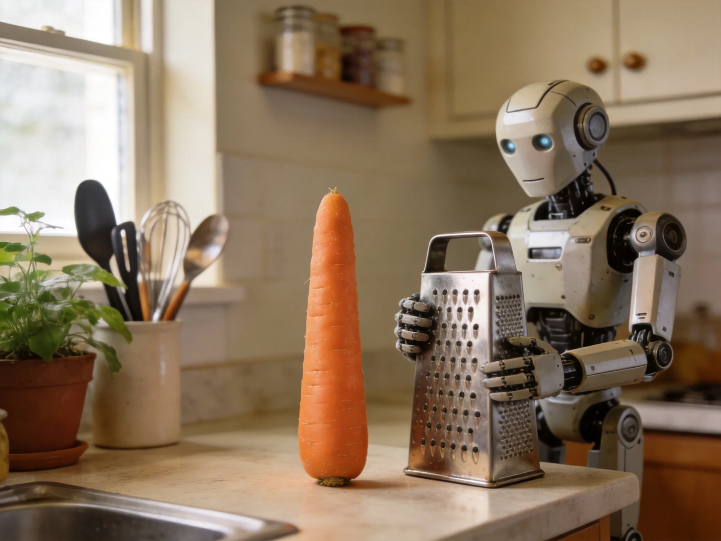 A futuristic robot with metallic components stands beside an oversized orange carrot in a home kitche