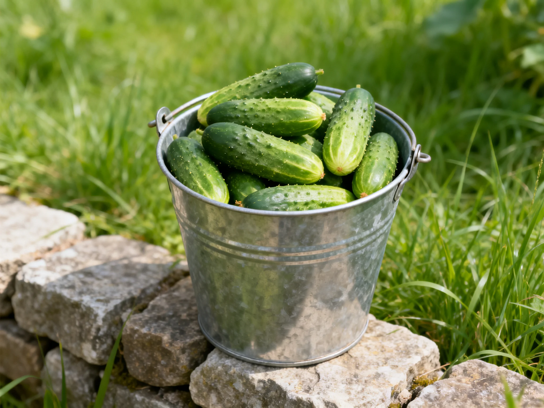 A galvanized bucket full of fresh cucumbers on a stone wall