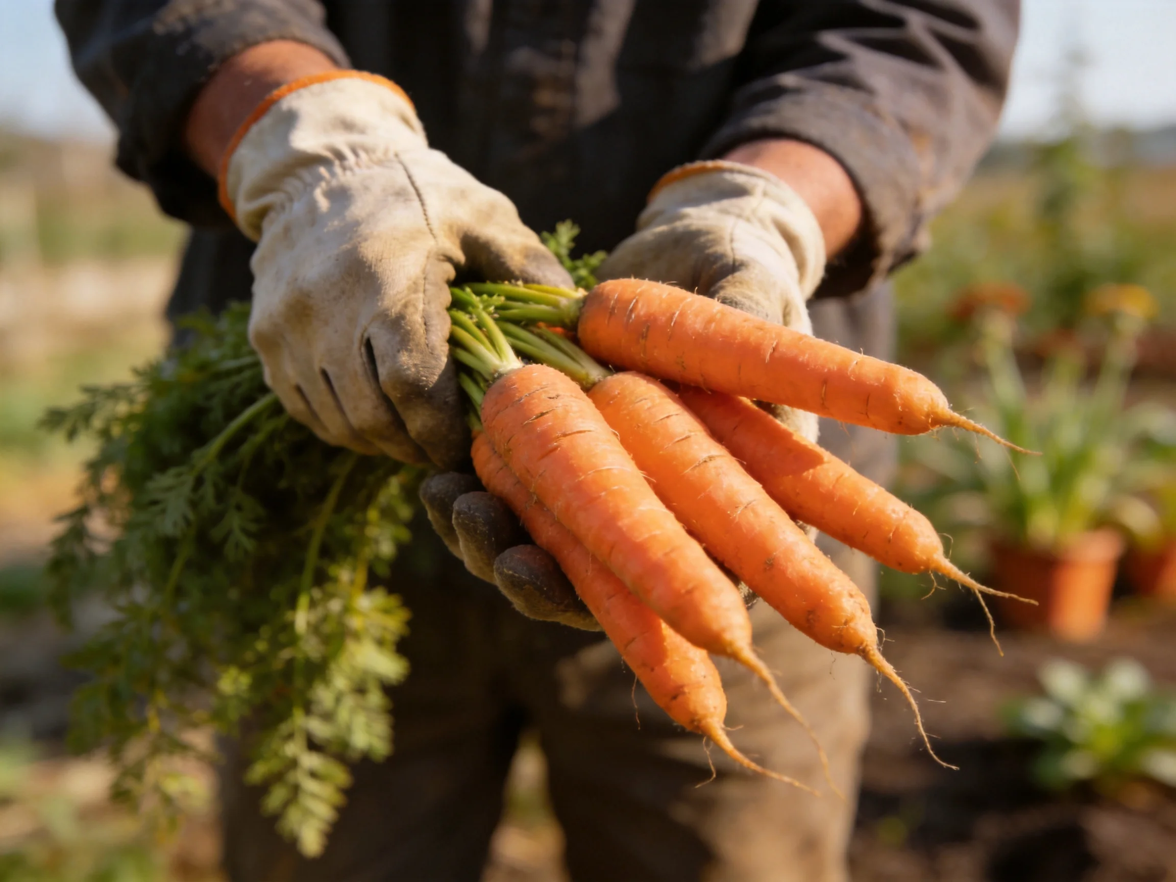 A gardener holds freshly picked orange carrots with green foliage in an outdoor garden