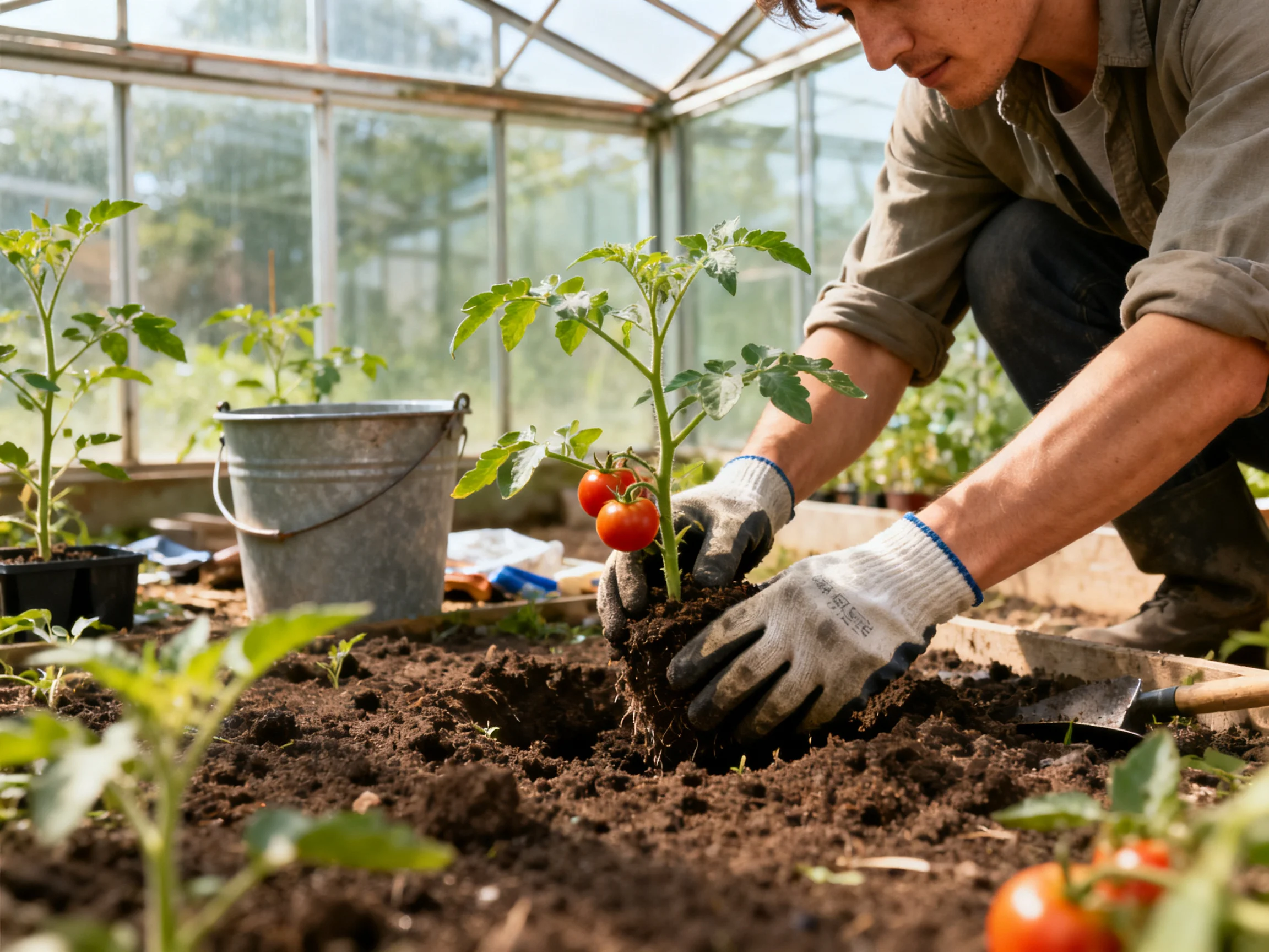 A gardener planting ripe red tomatoes in a sunlit greenhouse