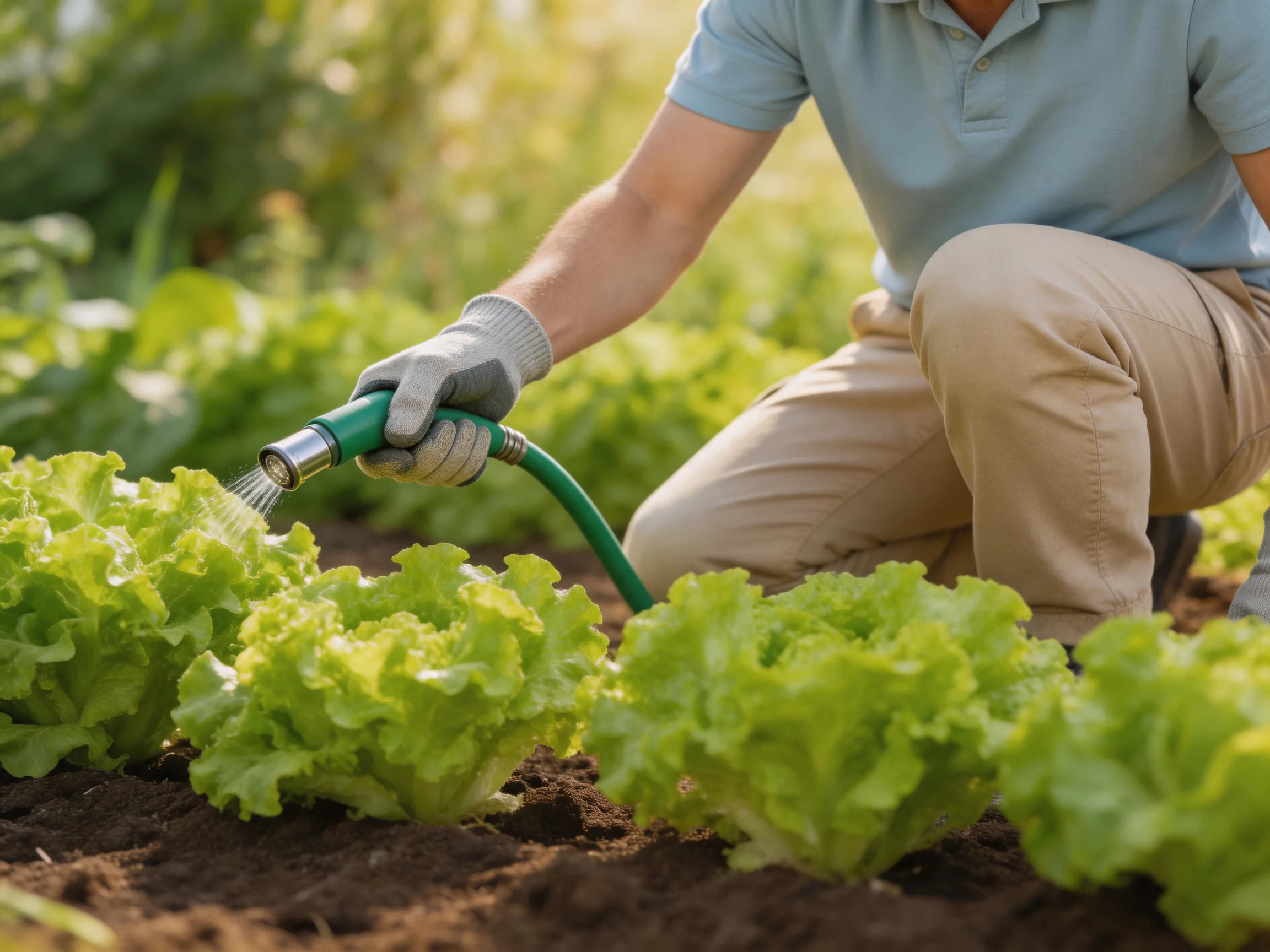 A gardener waters lush green leafy vegetables in a sunlit garden