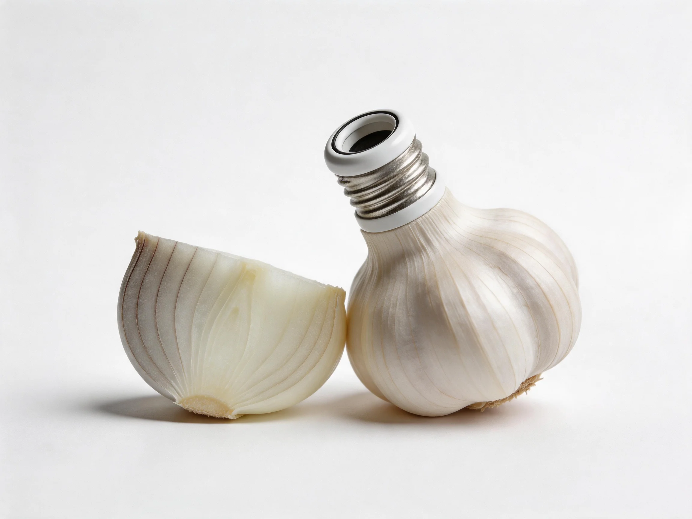 A garlic bulb and onion half beside a light bulb base on a plain white surface