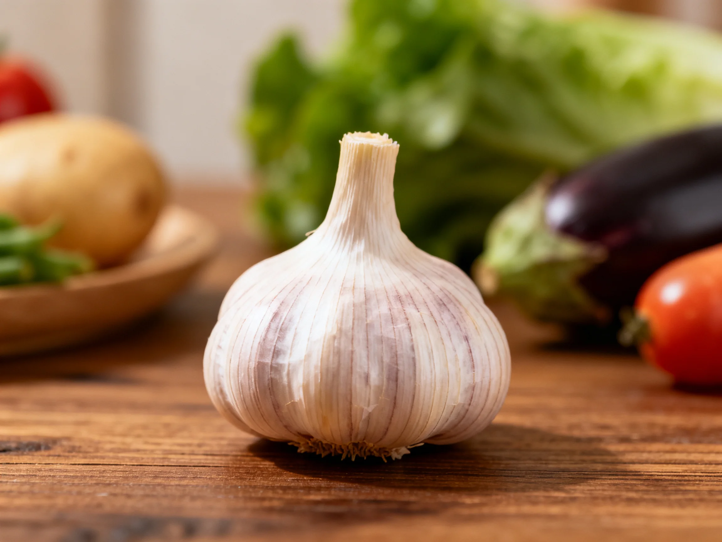 A garlic bulb centered on a wooden surface with vegetables in the background