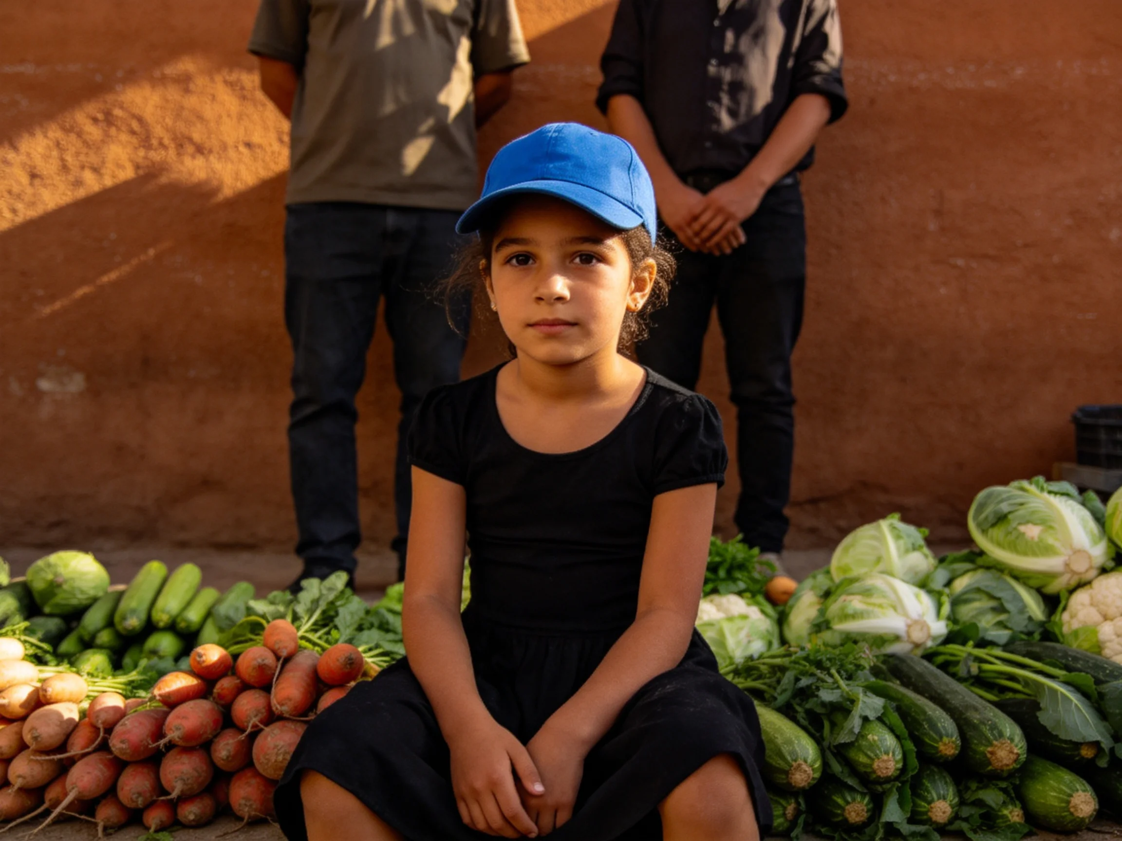A girl in a blue cap sits among fresh vegetables with two people behind