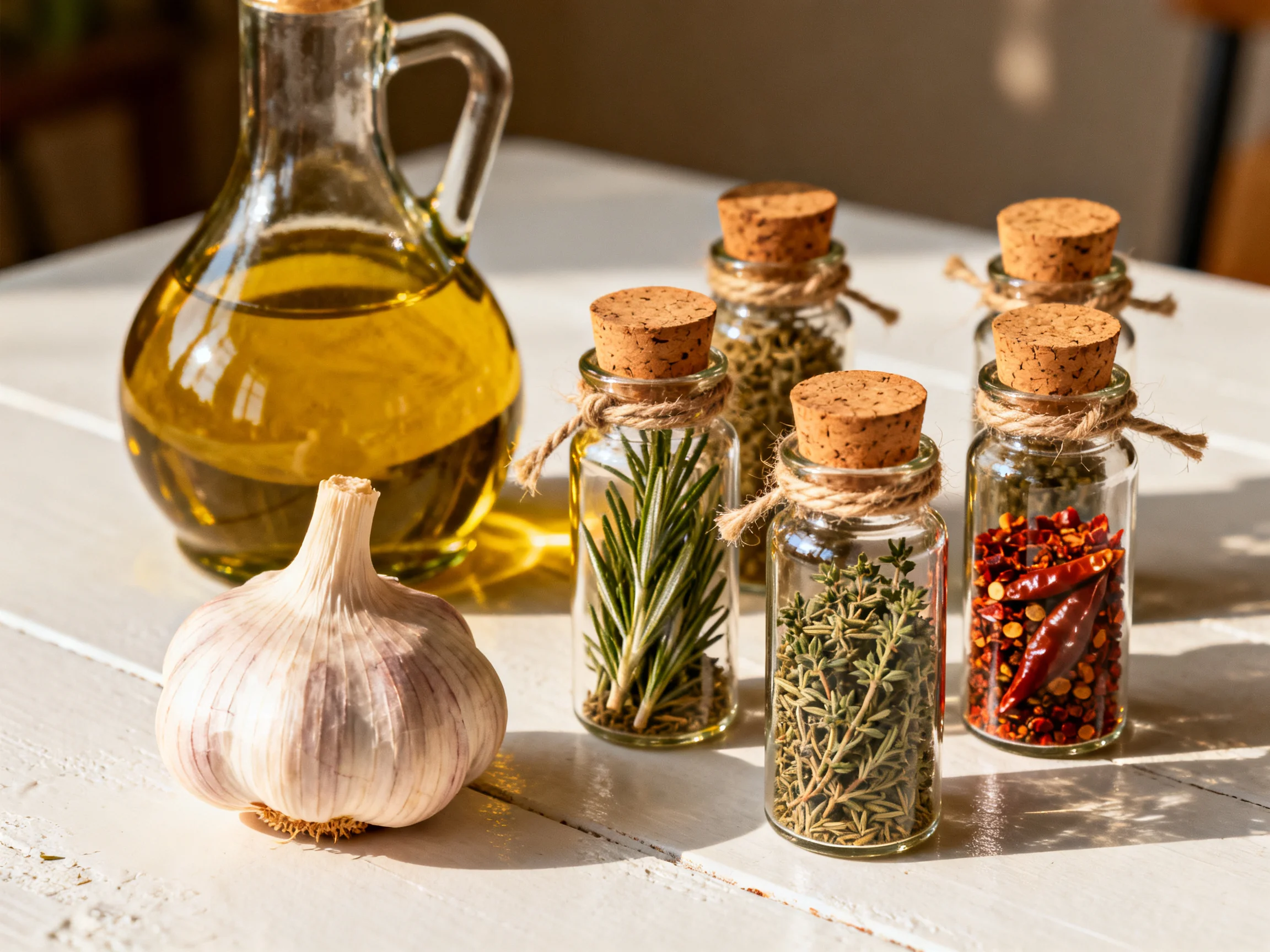 A glass bottle of golden olive oil, garlic bulb, and cork-topped herb jars sit on a white table