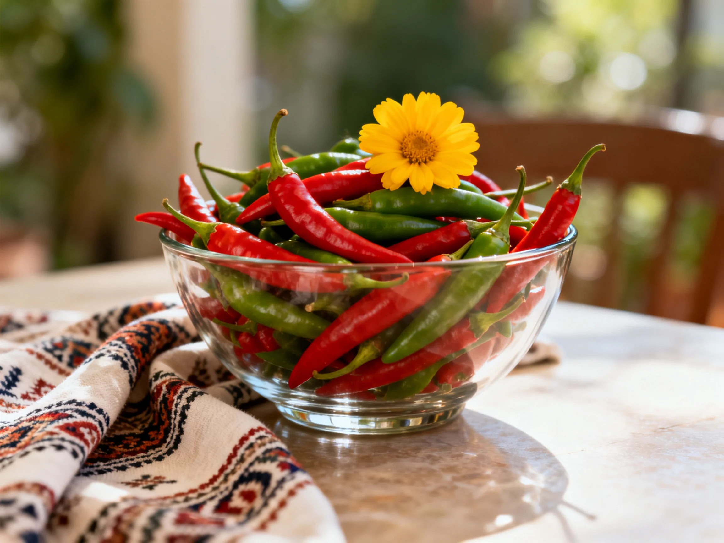 A glass bowl holds red and green chili peppers with a single yellow flower