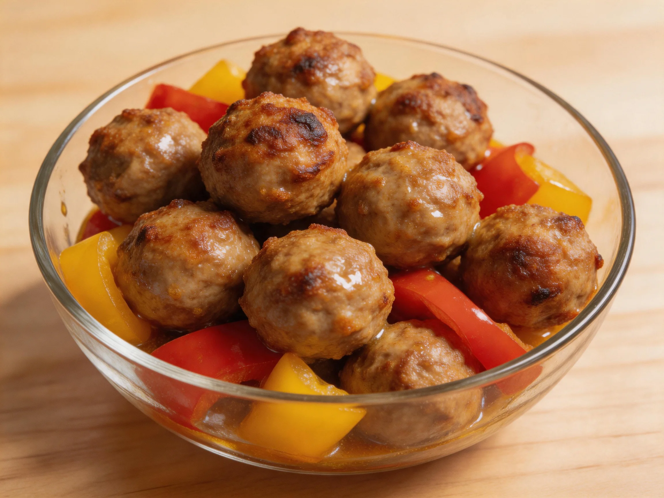 A glass bowl of browned meatballs with red and yellow bell peppers