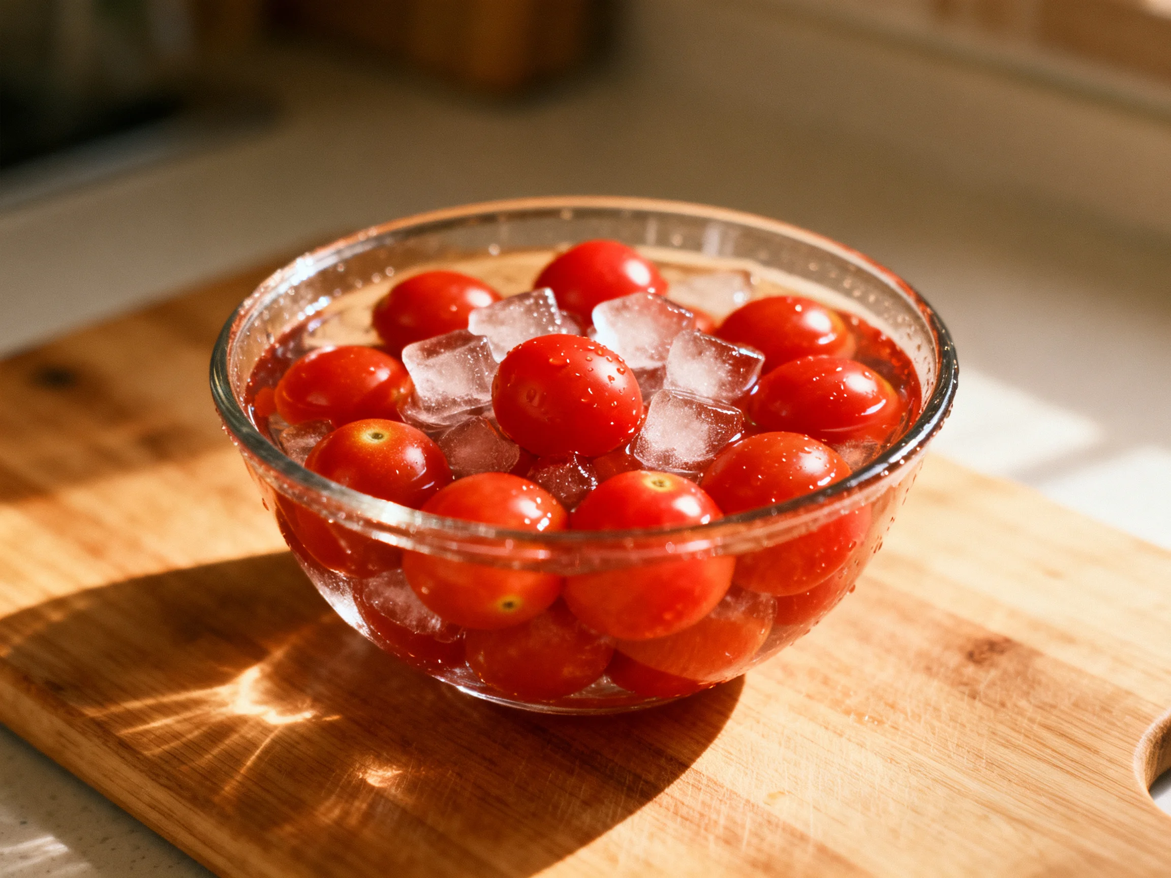 A glass bowl of cherry tomatoes with ice cubes on a wooden cutting board