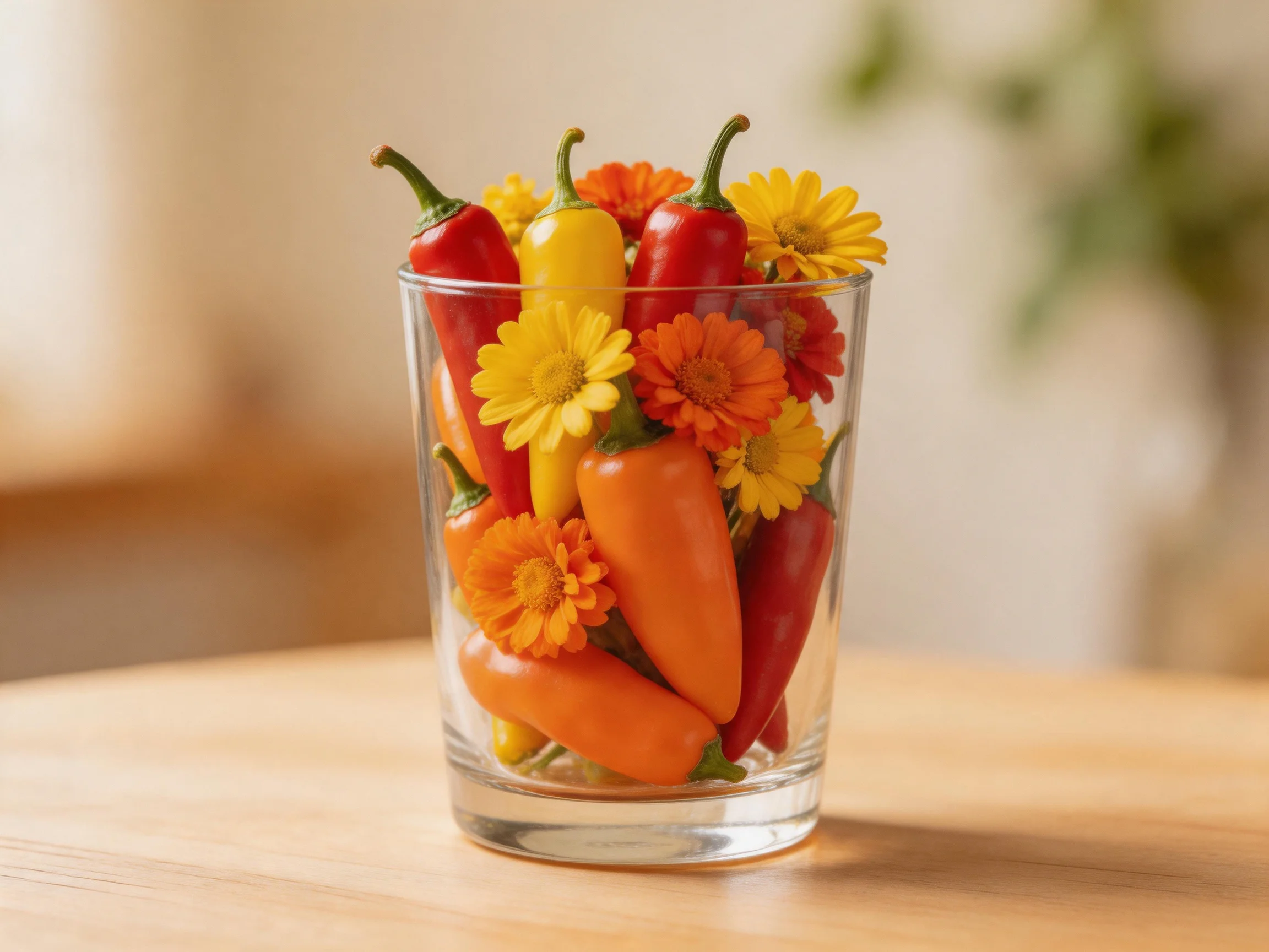 A glass filled with multicolored peppers and vibrant flowers