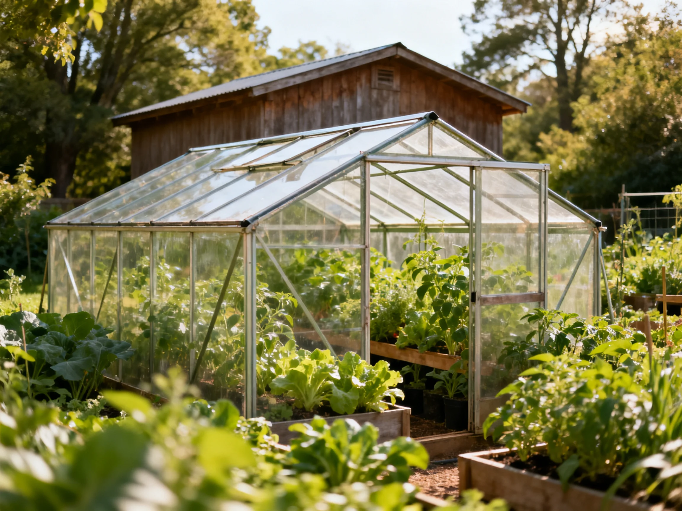 A glass greenhouse with leafy plants near a wooden shed