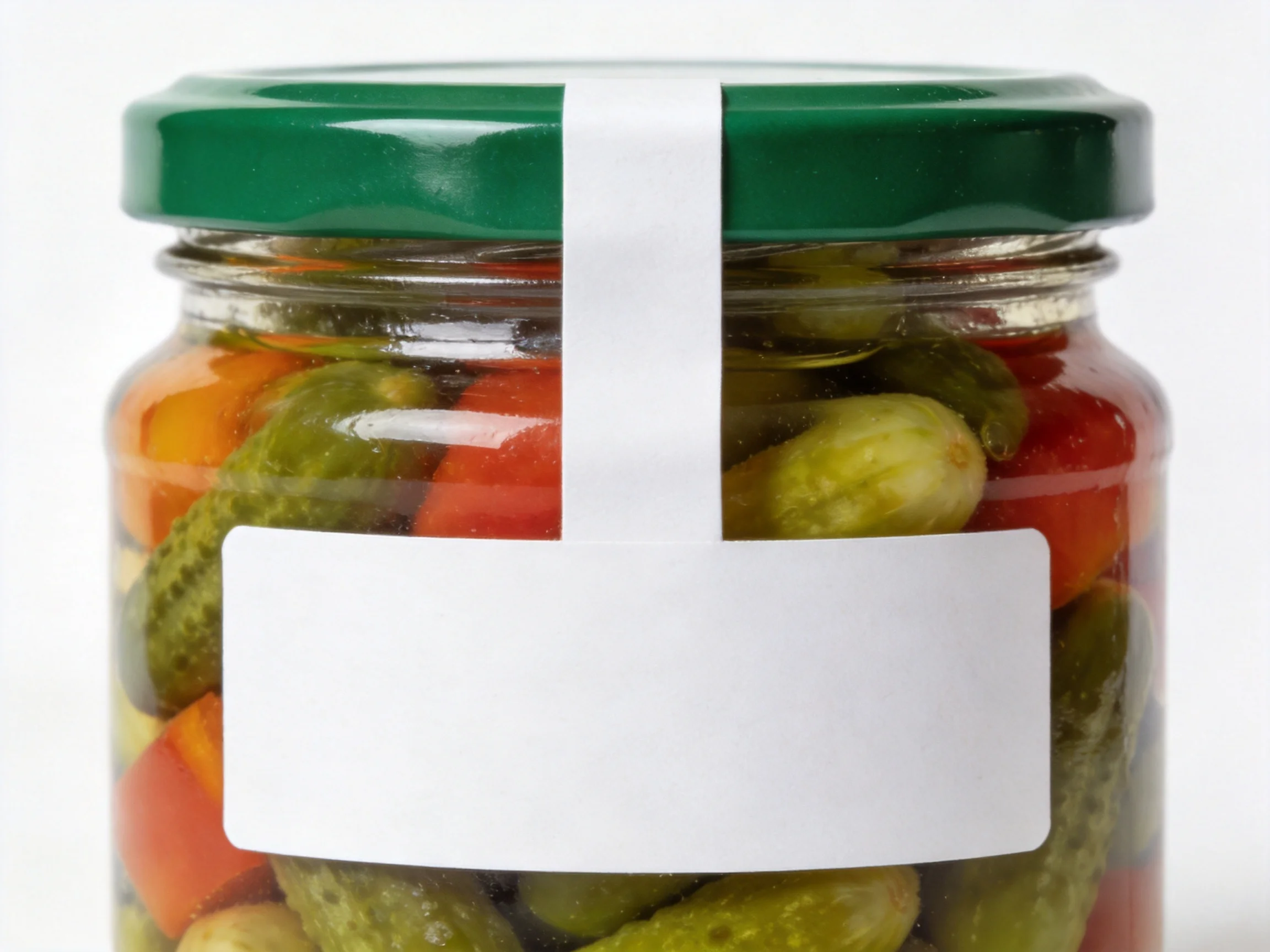 A glass jar filled with assorted pickled vegetables features a green lid