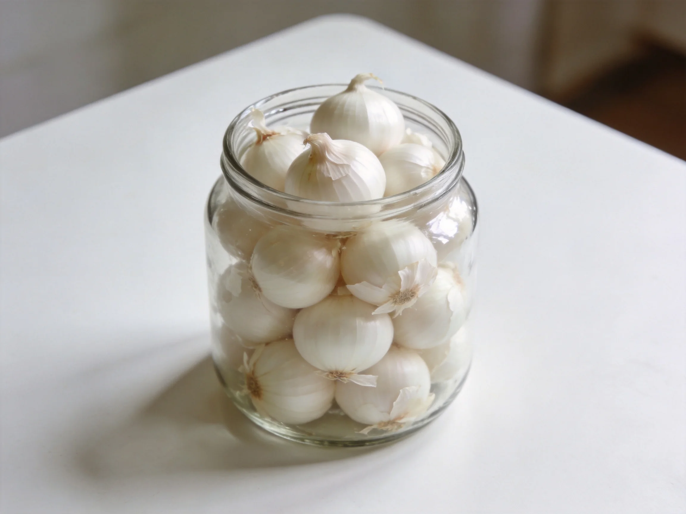 A glass jar filled with numerous white onions on a plain white surface
