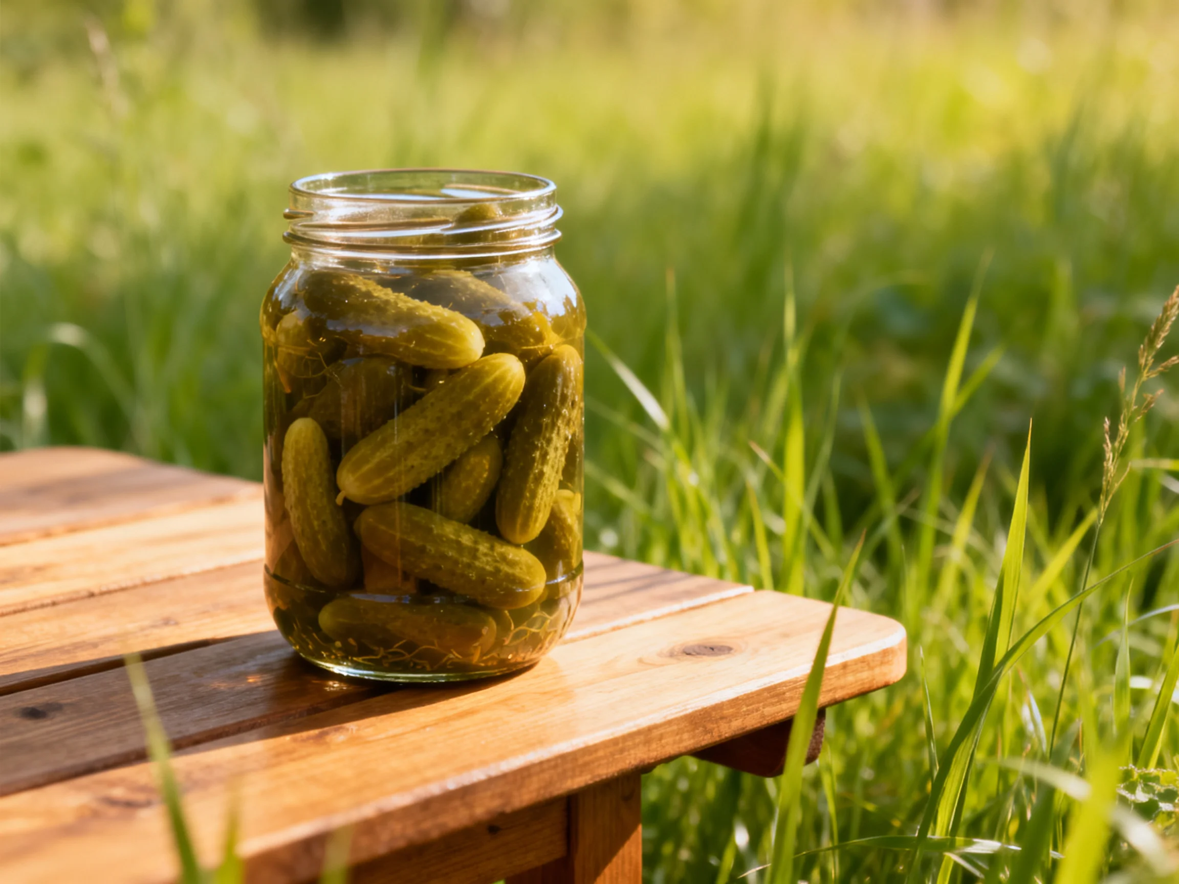 A glass jar filled with pickles sits on a wooden table amid tall green grass