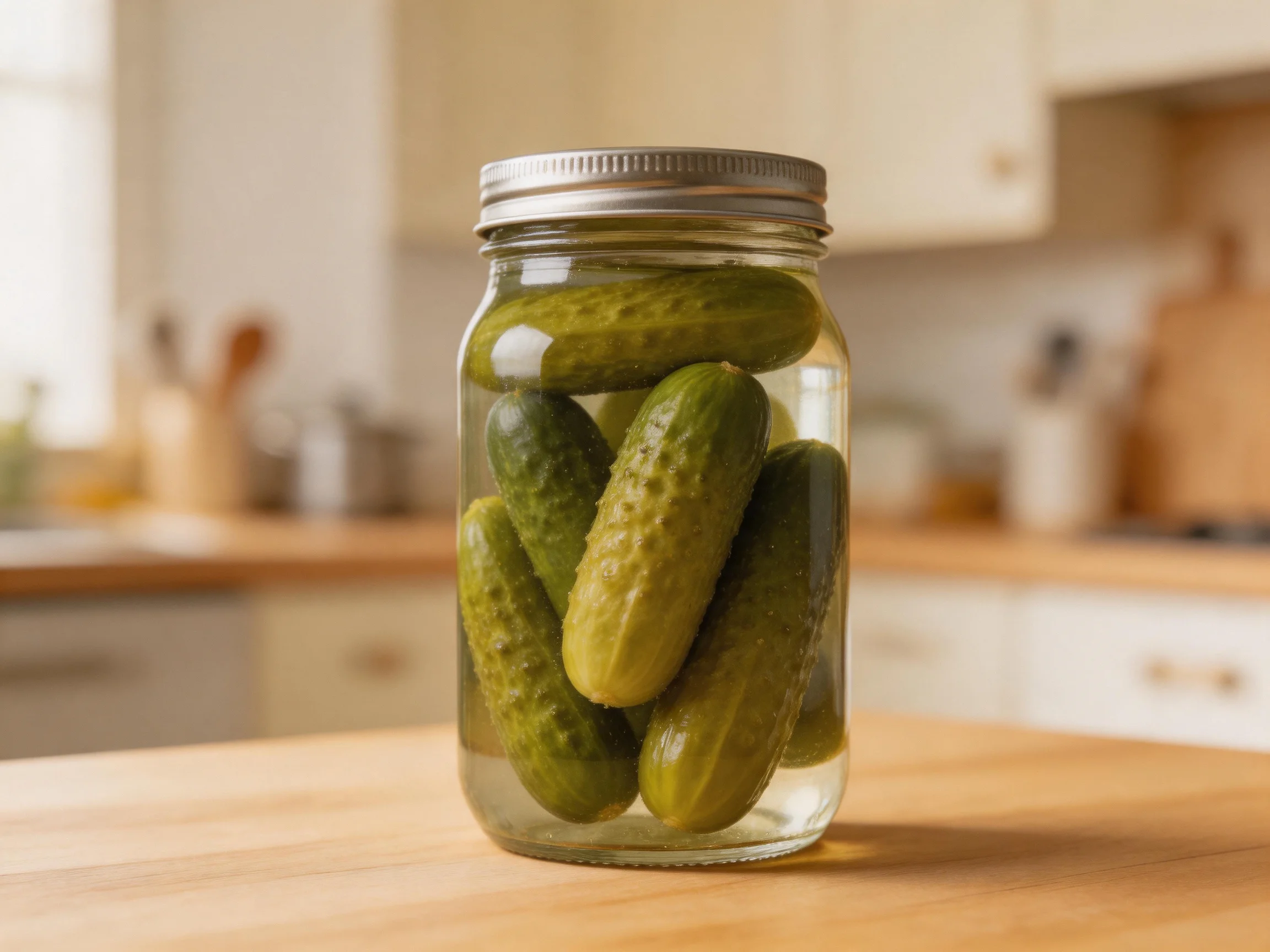 A glass jar holds five pickles on a wooden kitchen surface