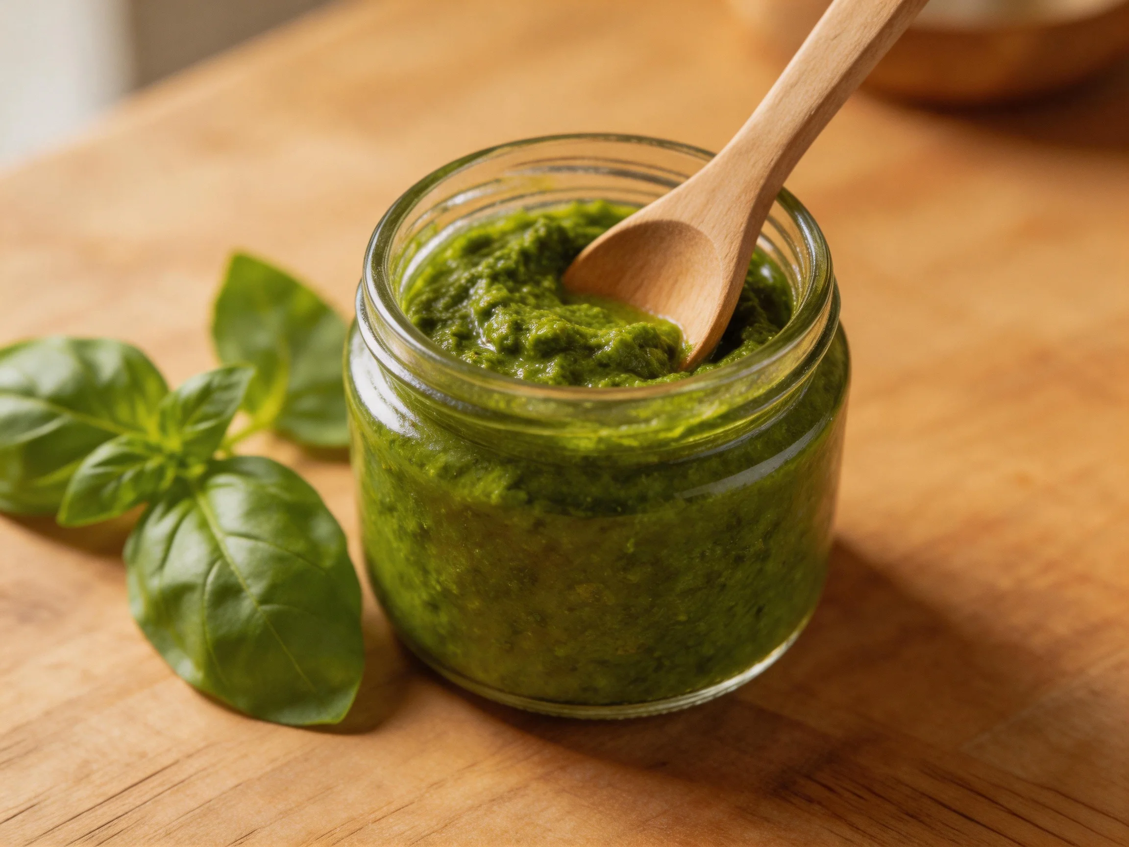 A glass jar of vibrant green pesto with a wooden spoon and fresh basil