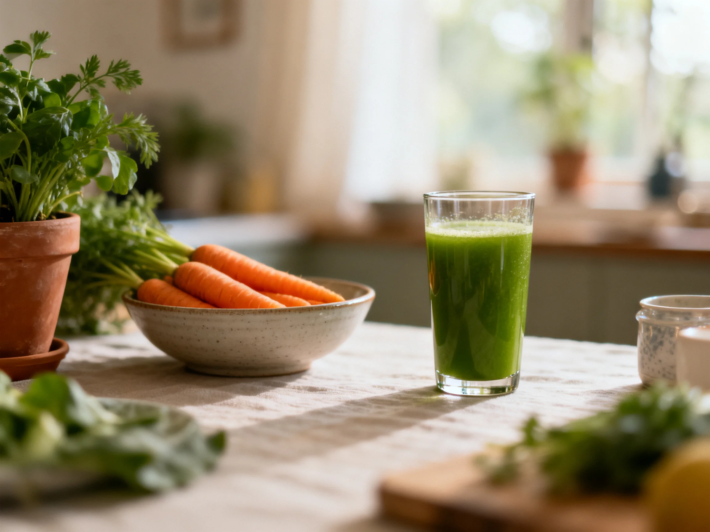 A glass of bright green juice, a bowl of fresh orange carrots, and potted leafy herbs rest on a sunli