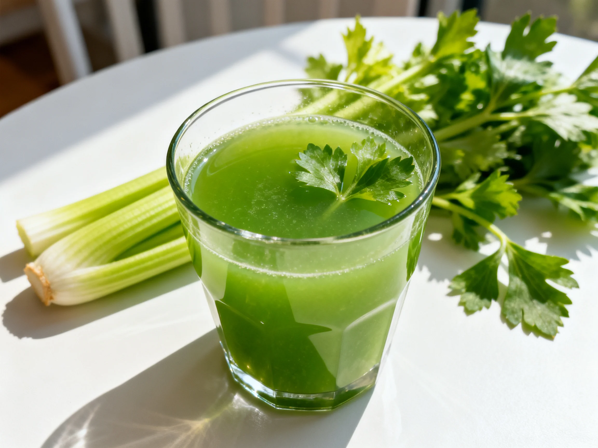 A glass of fresh green juice beside celery stalks and parsley leaves