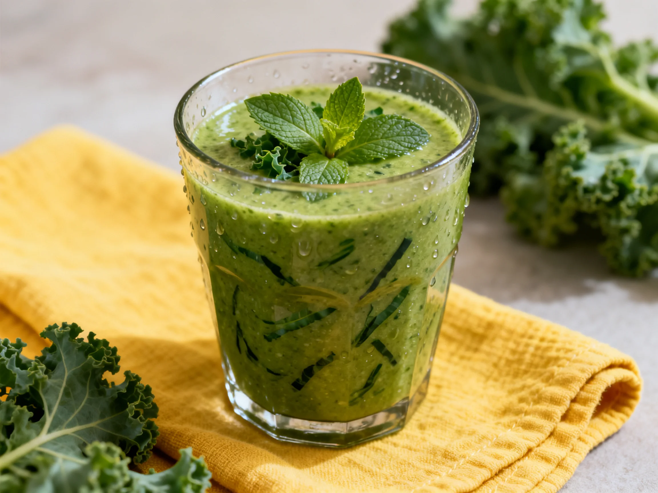 A glass of green kale smoothie garnished with fresh mint on a yellow towel