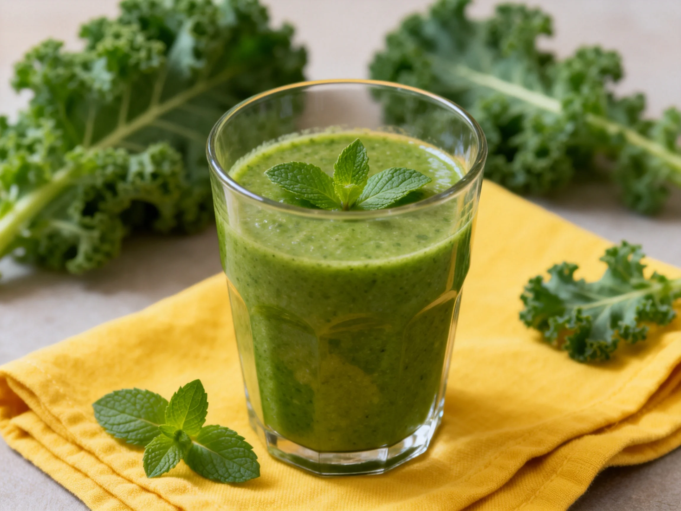 A glass of thick green smoothie with kale and mint garnish