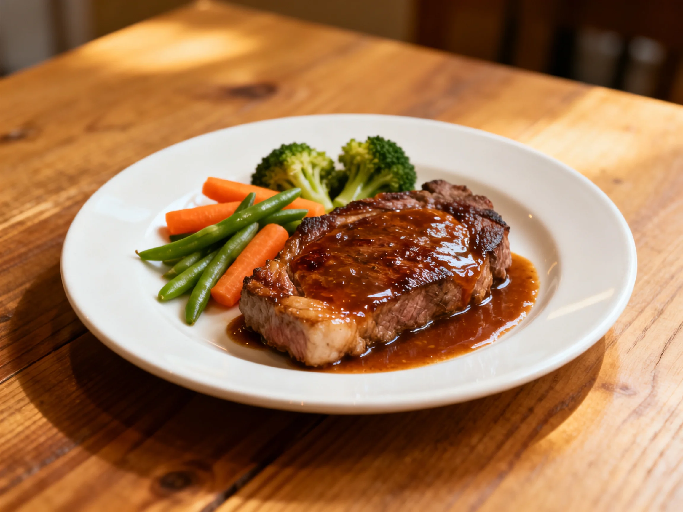 A glazed steak dish with mixed vegetables on a white plate atop a wooden table