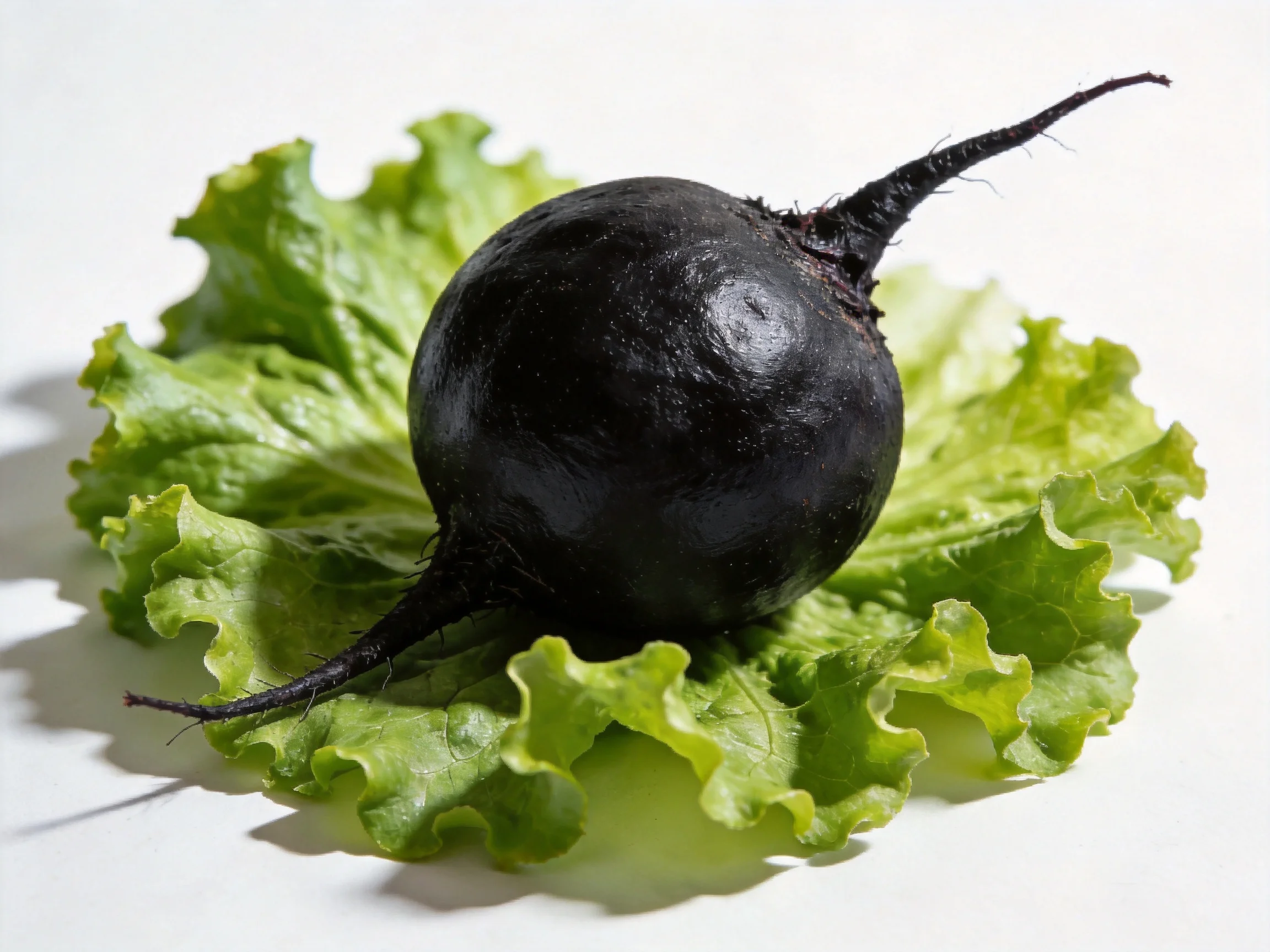 A glossy black beetroot on crisp green lettuce leaves