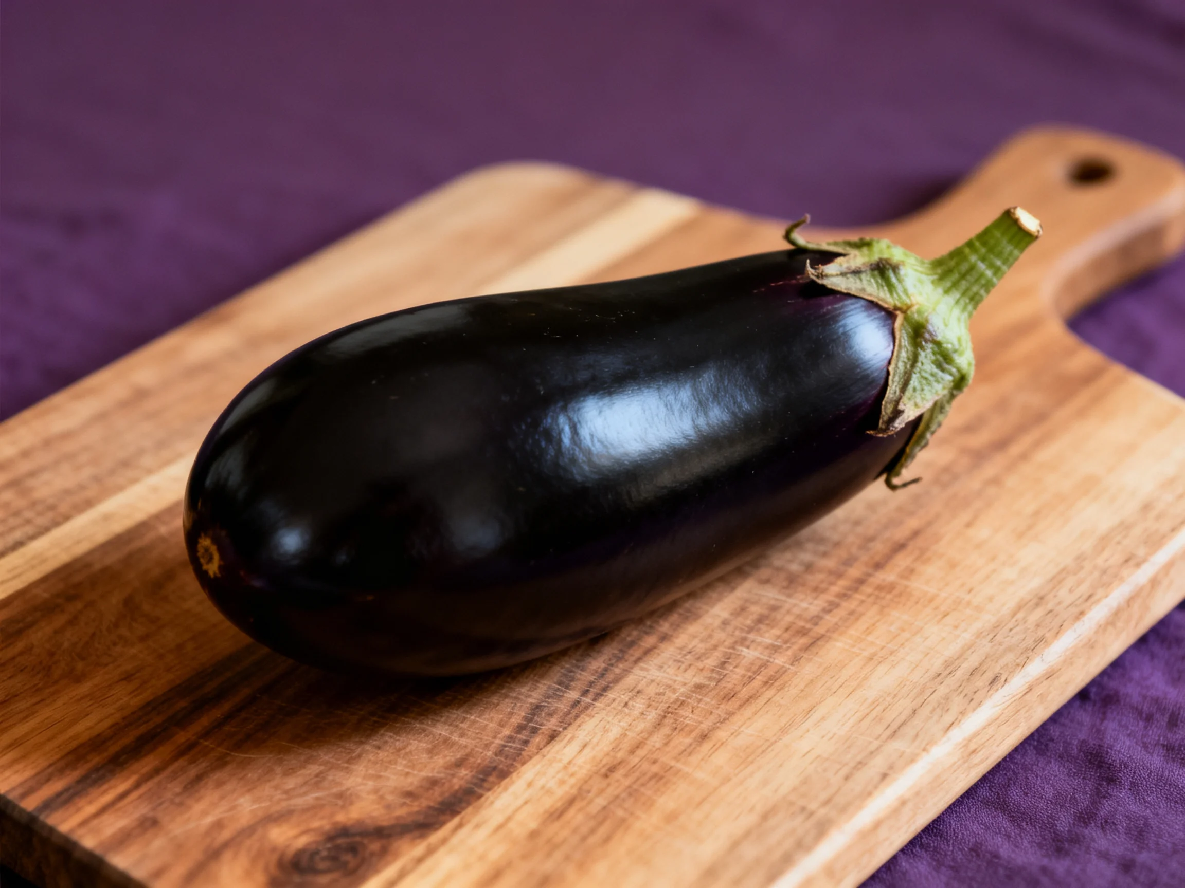 A glossy black eggplant rests on a wooden cutting board against a purple fabric background