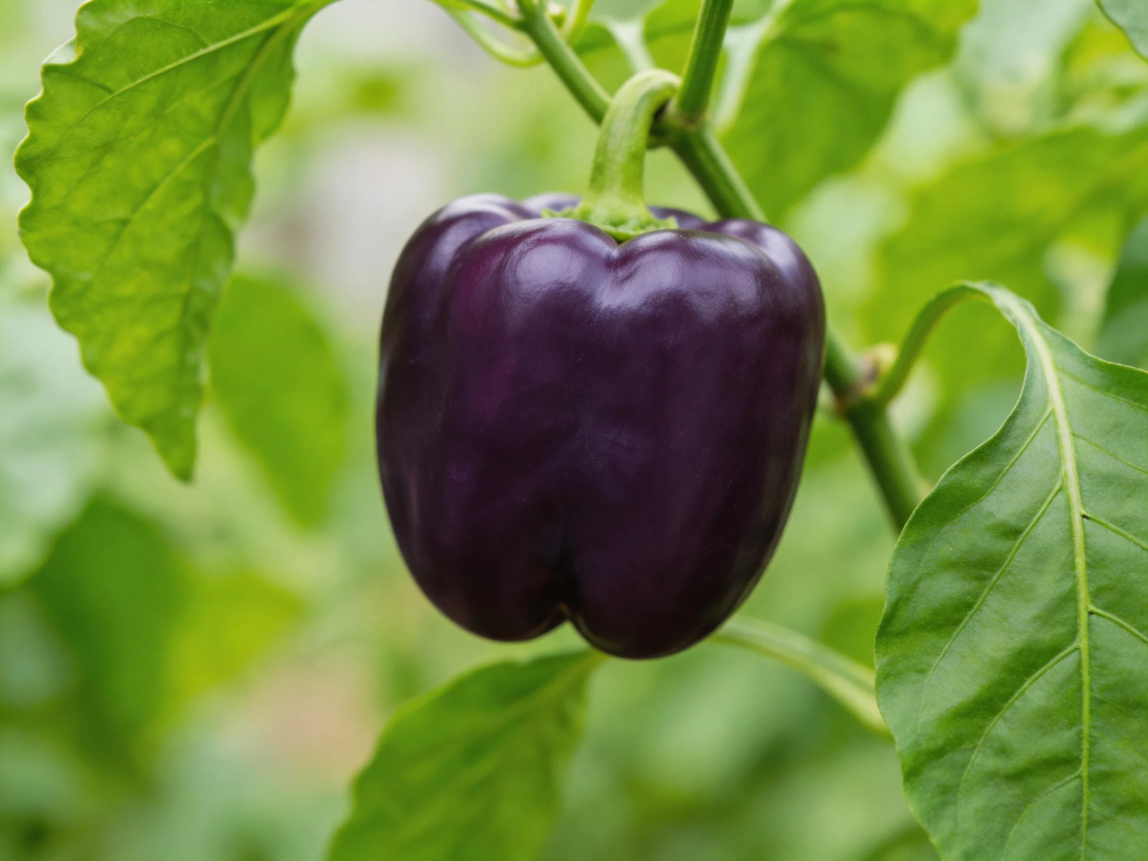 A glossy deep purple bell pepper hangs among vibrant green foliage.